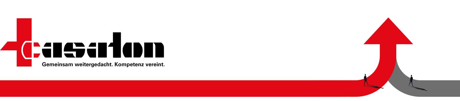 Eine rote Linie mit zwei Ziffern geht in einen großen Pfeil nach oben auf weißem Hintergrund über. Das Logo "casaton" mit einem roten Kreuz und dem Text "Gemeinsam weitergedacht. Kompetenz vereint." erscheint auf der linken Seite.
