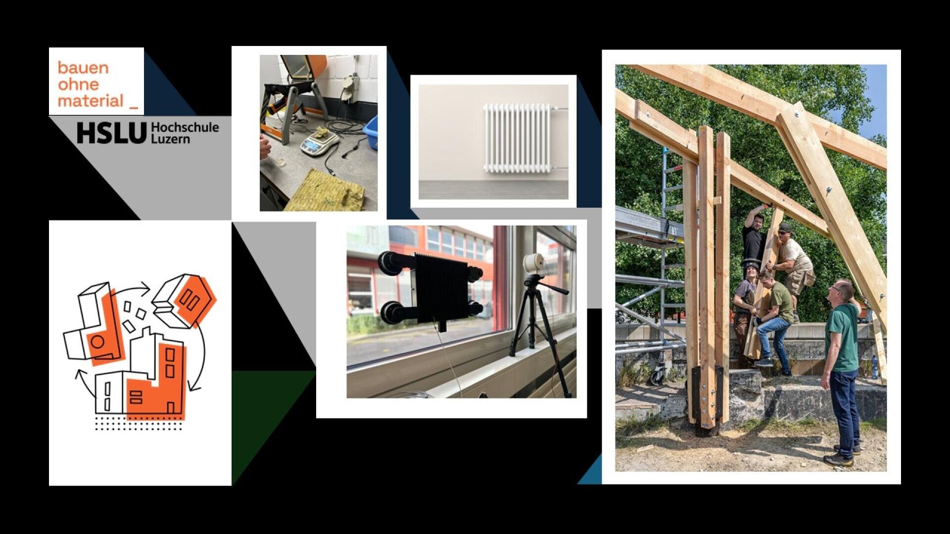 Eine Collage mit dem Logo der HSLU Hochschule Luzern, einem Heizkörper, Menschen, die im Freien eine Holzkonstruktion zusammenbauen, Laborgeräten, einer Kameraeinstellung an einem Fenster und einer Illustration von Häusern.