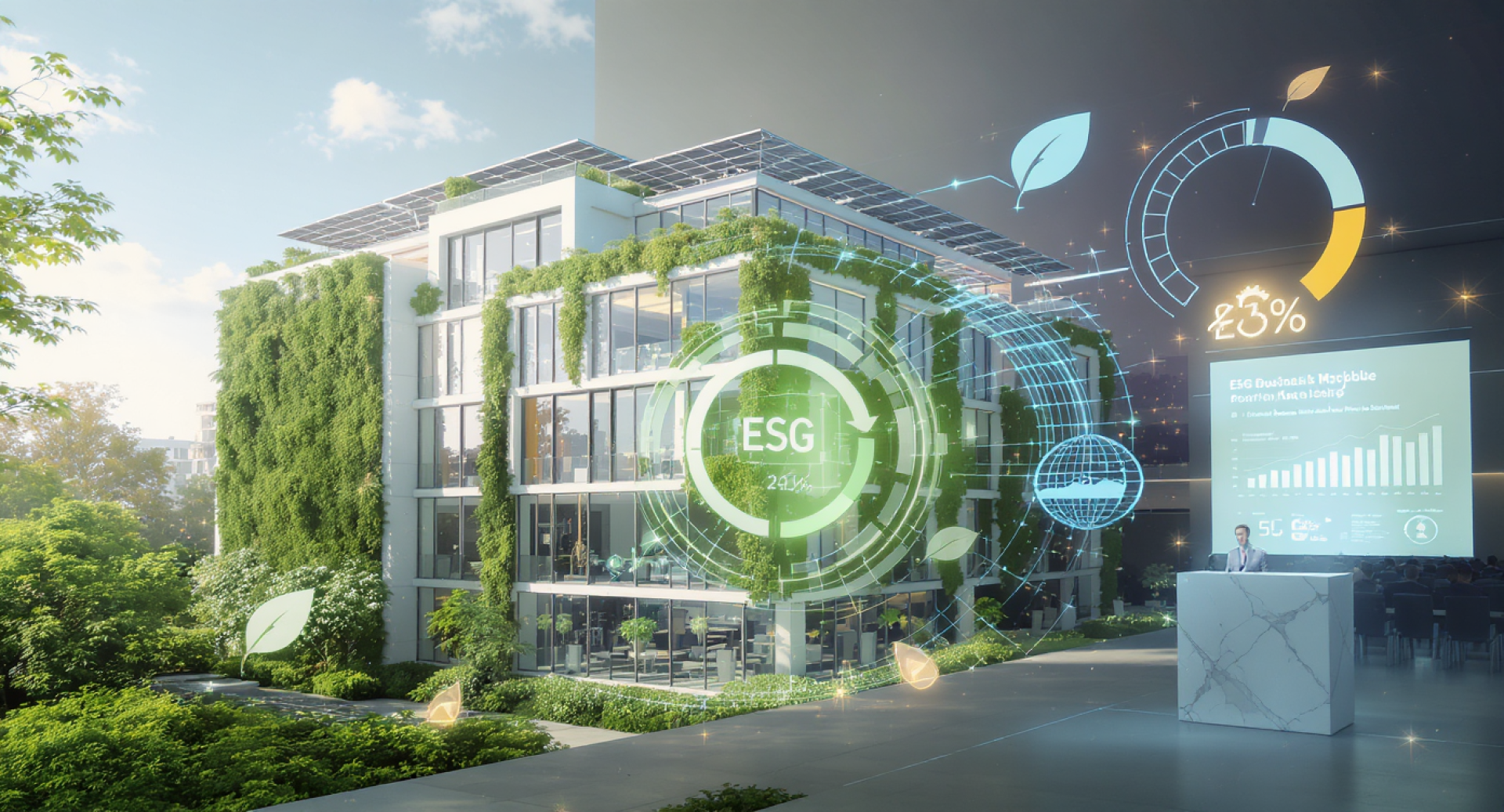 Ein modernes, umweltfreundliches Gebäude, das mit Grünpflanzen und Sonnenkollektoren bedeckt ist, wird von digitalen Grafiken überlagert, die ESG-Kennzahlen, Nachhaltigkeitssymbole und Daten zeigen und so die Verantwortung für die Umwelt und die Integration intelligenter Technologien veranschaulichen.