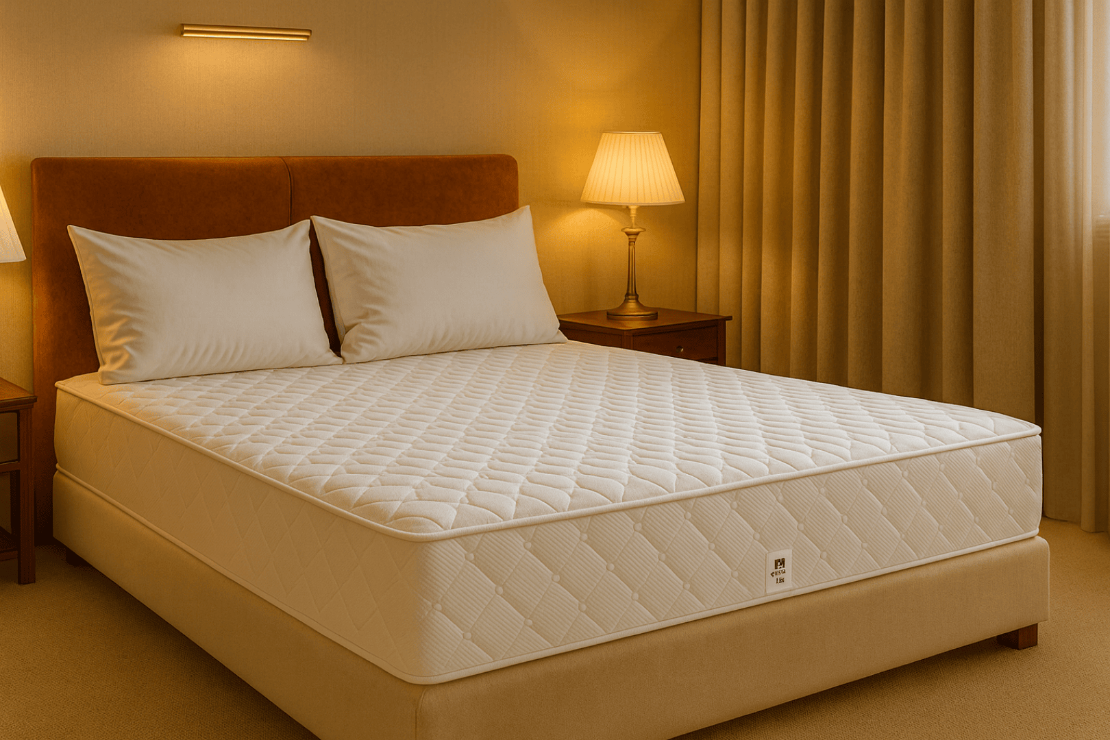 Un lit bien fait avec un matelas piqué blanc, deux oreillers blancs et une tête de lit rembourrée marron se trouve entre deux tables de nuit en bois avec des lampes dans une chambre à coucher chaudement éclairée avec des murs et des rideaux beiges.