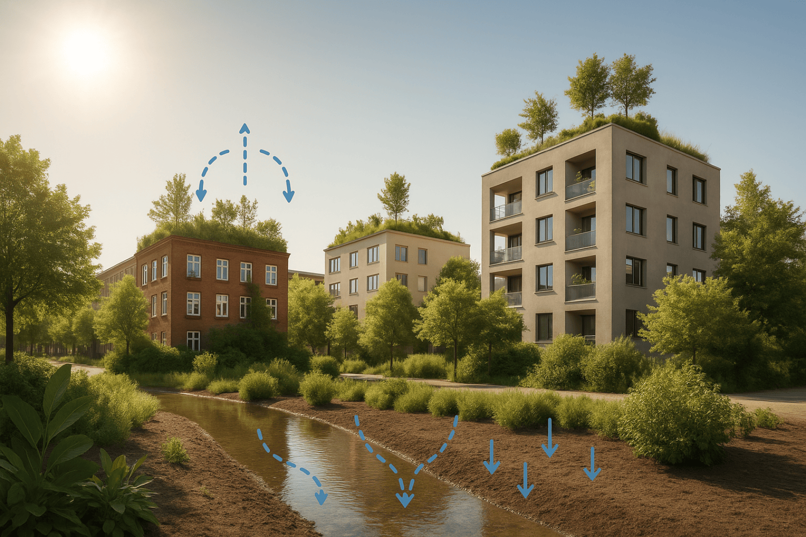 Moderne Wohngebäude mit Bäumen auf begrünten Dächern, umgeben von üppiger Vegetation. Blaue Pfeile zeigen das Wasser, das von den Dächern in einen kleinen Bach fließt, und verdeutlichen die städtische Wasserwirtschaft und die grüne Infrastruktur.