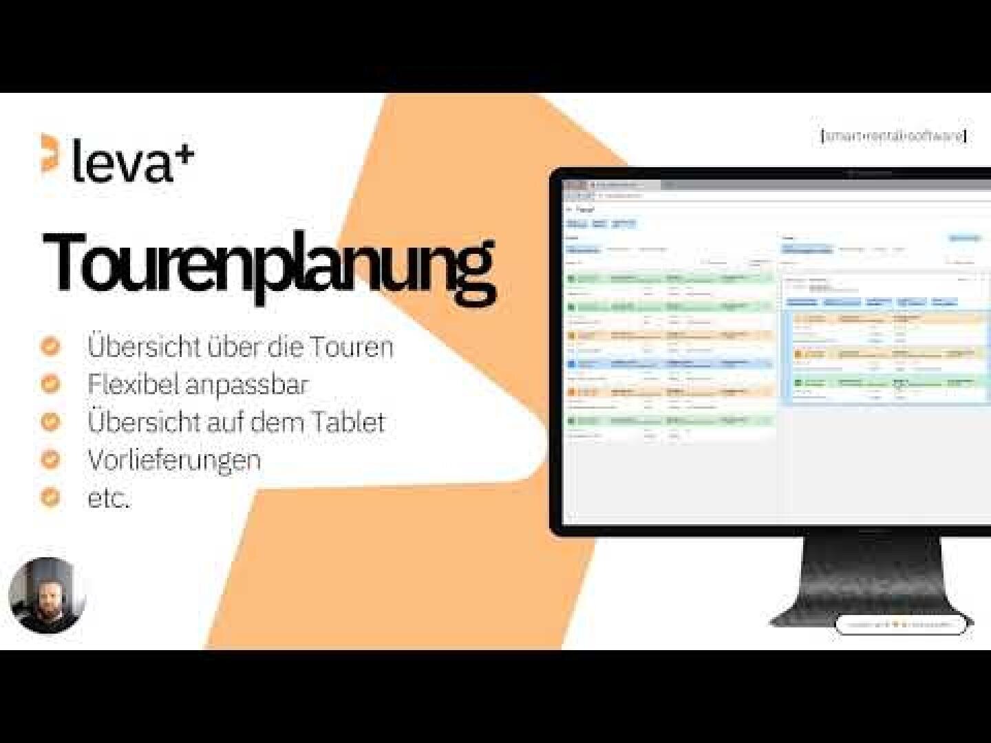 Eine Präsentationsfolie für Tourenplanung von leva+ zeigt einen Computerbildschirm mit einer Planungssoftware. In Aufzählungspunkten werden Vorteile wie Tourenübersicht, flexible Anpassung, Tablet-Zugang, Lieferscheine und mehr aufgeführt.