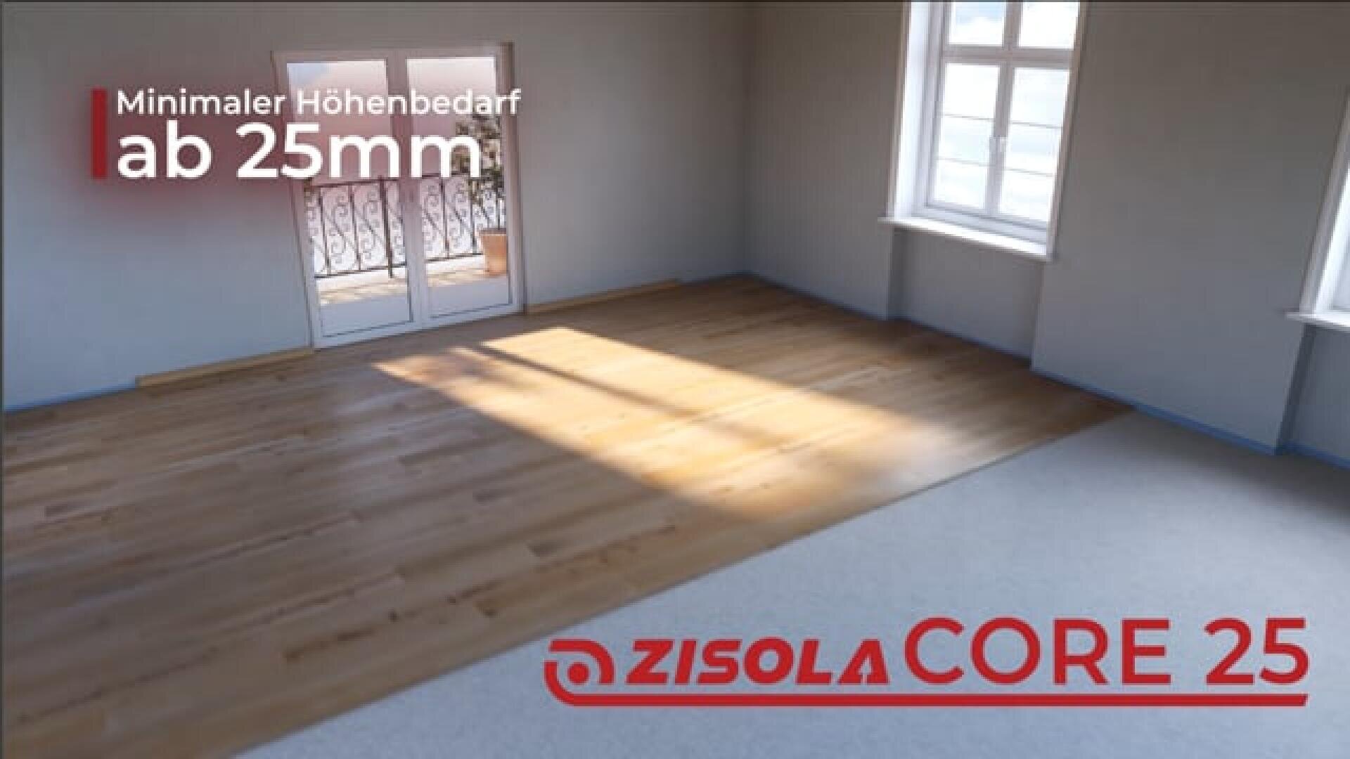 Ein heller, leerer Raum mit großen Fenstern und teilweise verlegten Holzböden. Der Text lautet Minimaler Höhenbedarf ab 25mm und ZISOLA CORE 25 in fetten roten Buchstaben.