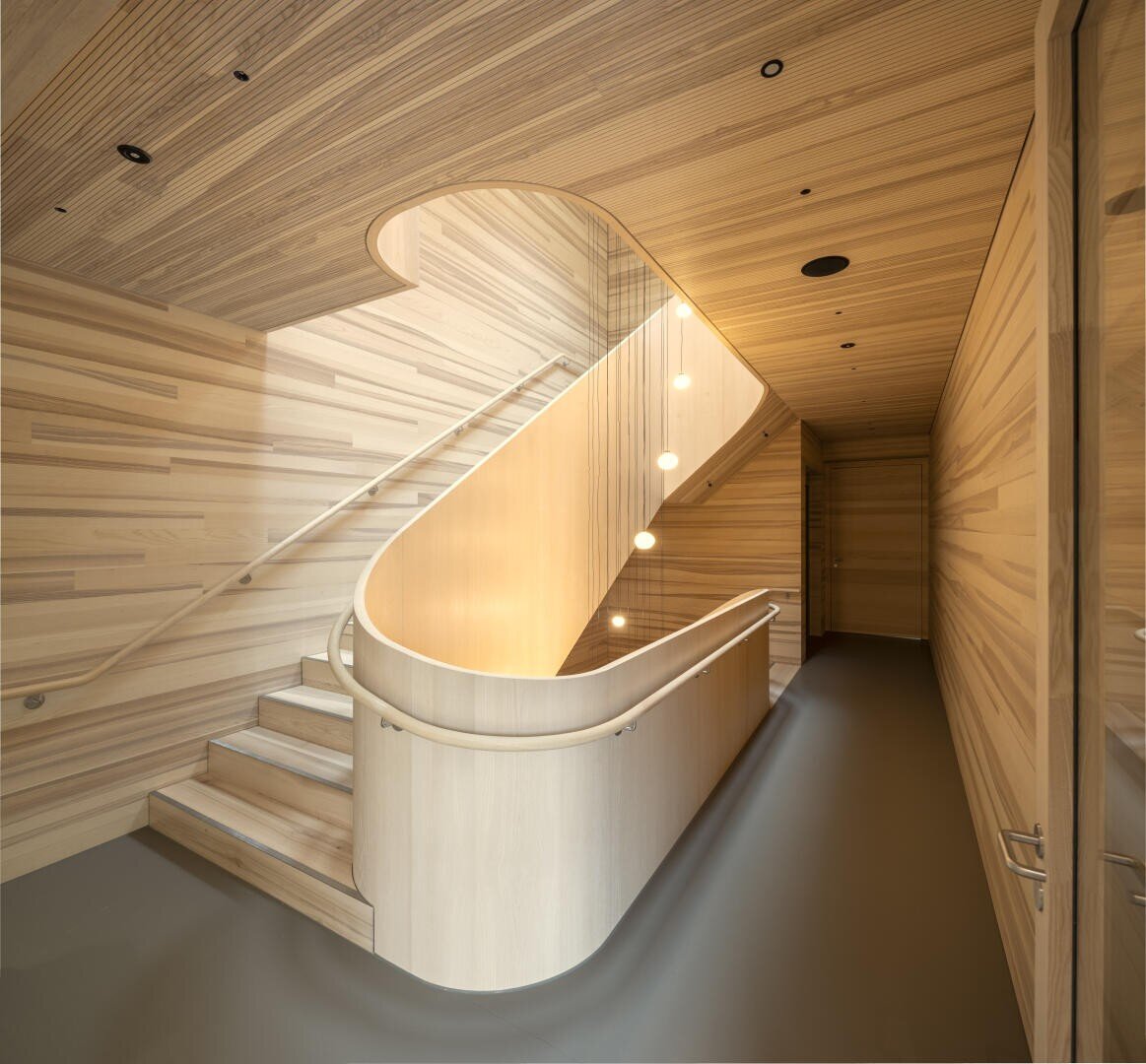 Un escalier moderne avec des murs et un plafond en bois incurvé, avec des veines de bois horizontales, un éclairage minimaliste et une main courante lisse, qui créent un espace architectural chaleureux et élégant.
