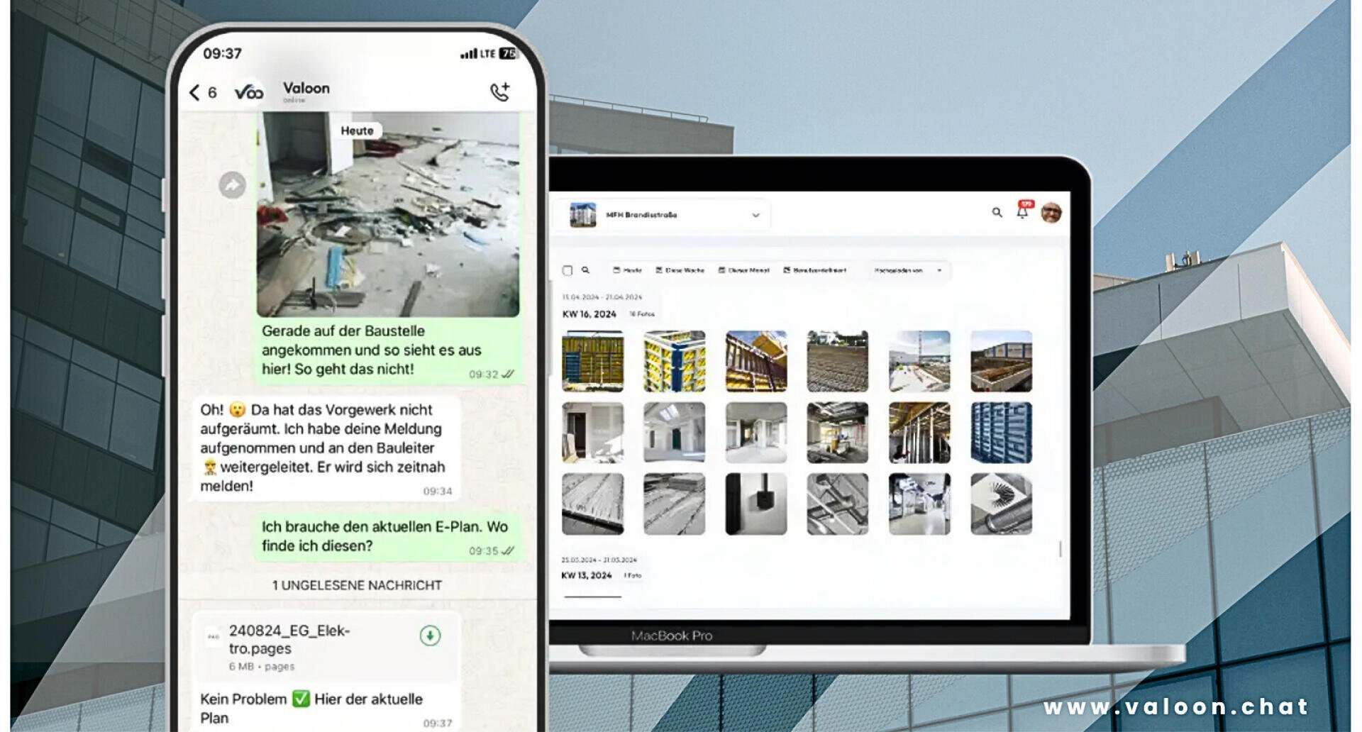 Ein Smartphone und ein Laptop zeigen Baustellenkommunikations- und Fotodokumentations-Apps an. Das Telefon zeigt einen Chat mit Bildern und Nachrichten zu Baustellenproblemen, während der Laptop eine Galerie mit baurelevanten Bildern anzeigt.