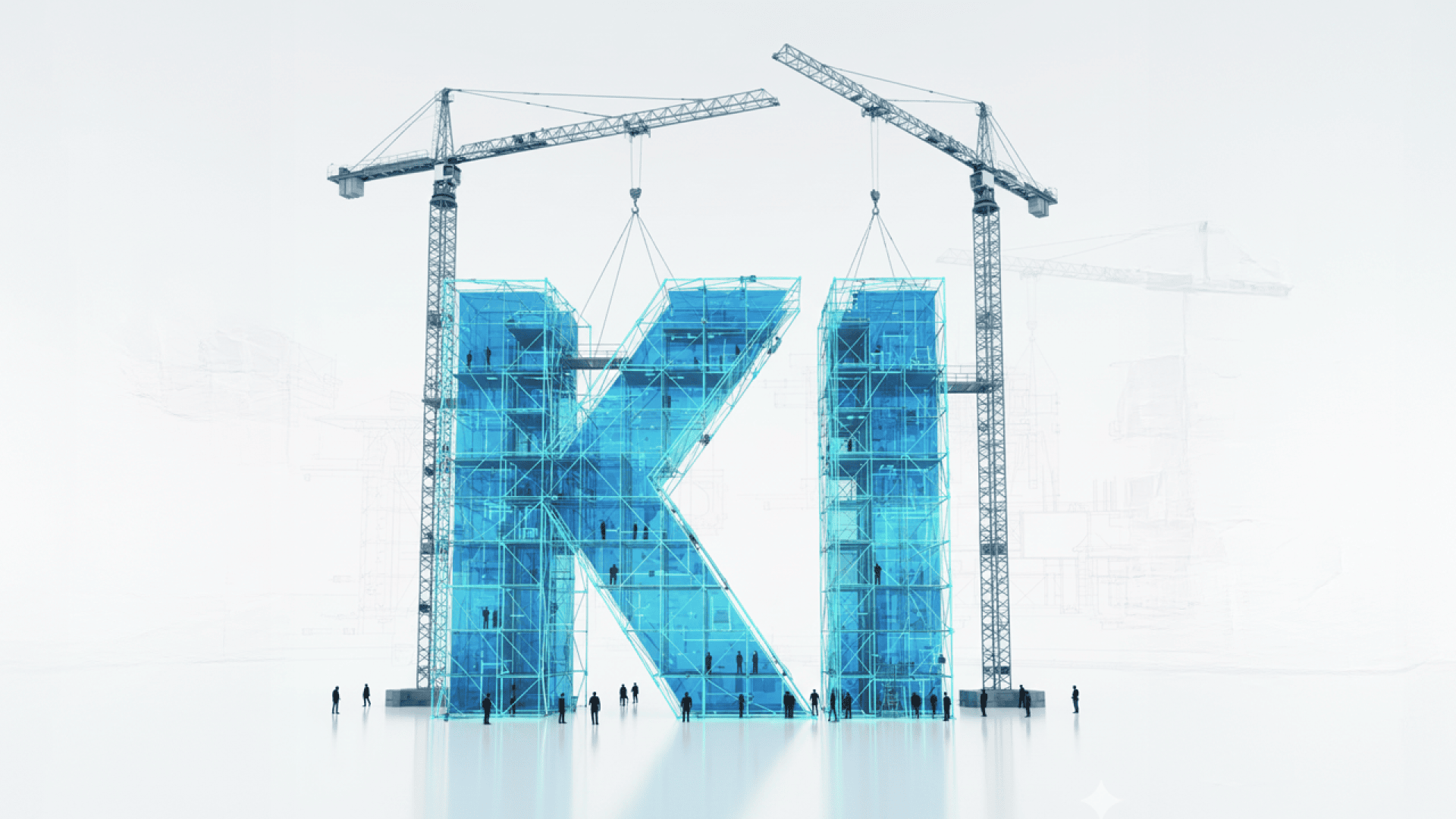 Zwei Baukräne setzen eine grosse, transparente Struktur zusammen, die die Buchstaben KI bildet. Vor einem minimalen weissen Hintergrund stehen winzige Menschen in der Nähe, die Teamarbeit und Aufbau suggerieren.