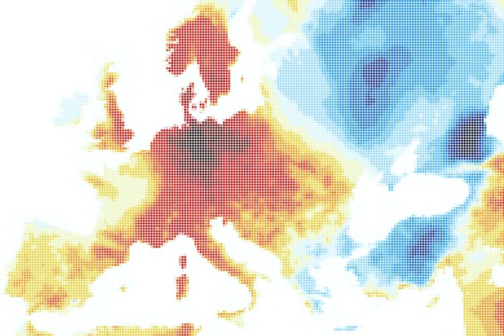 Eine pixelige Karte von Europa zeigt unterschiedliche Farben: Zentrale Bereiche in Rot und Orange weisen auf warme Temperaturen hin, während umliegende Regionen, insbesondere im Nordosten, blau sind und kühlere Bedingungen anzeigen.