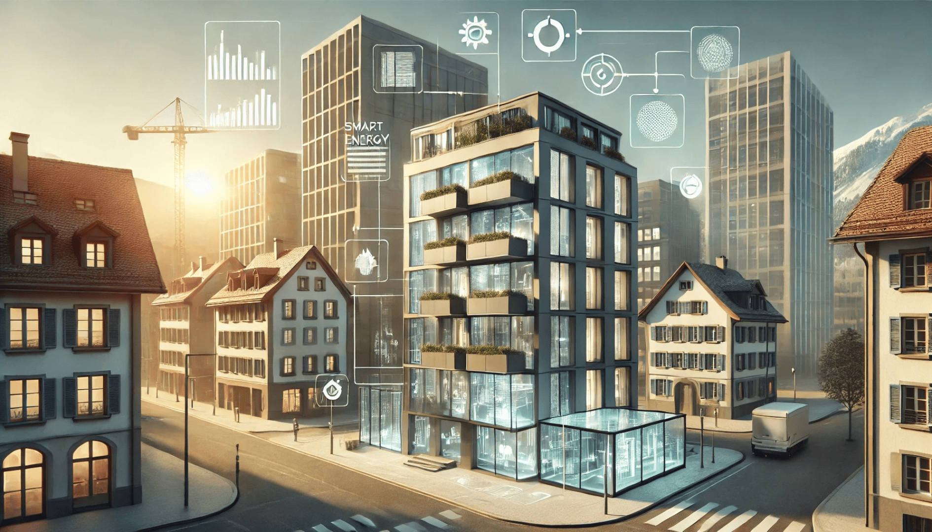 Ein modernes Glasgebäude mit überlagerten Symbolen für intelligente Energietechnik, umgeben von traditionellen und modernen Gebäuden in einer Stadtlandschaft bei Sonnenaufgang, die eine Mischung aus Innovation und klassischer Architektur darstellt.