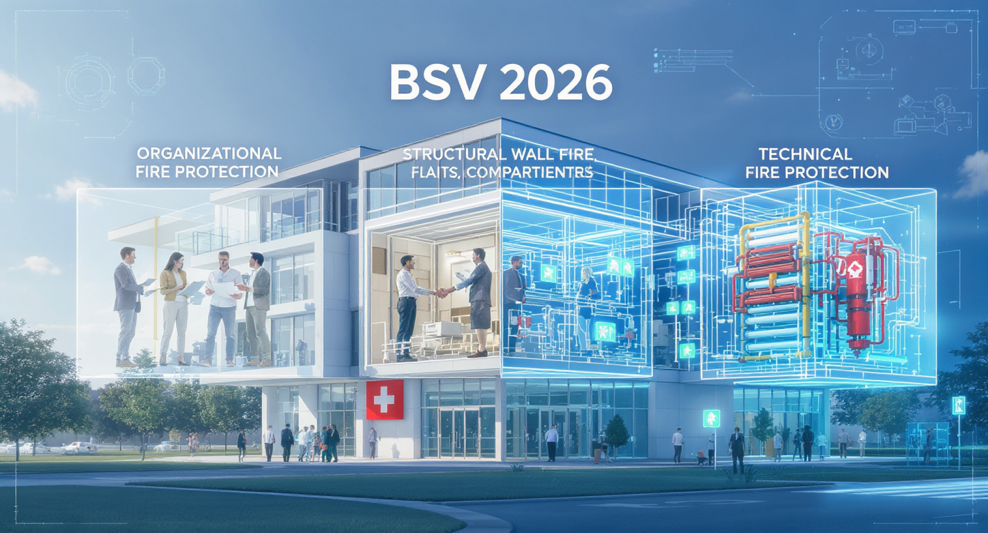Ein modernes Gebäude mit beschrifteten Abschnitten: diskutierende Personen für den organisatorischen Brandschutz, ein Händedruck für die Brandabschnitte der Gebäudewände und hervorgehobene Rohre für den technischen Brandschutz. Der Text lautet "BSV 2026".