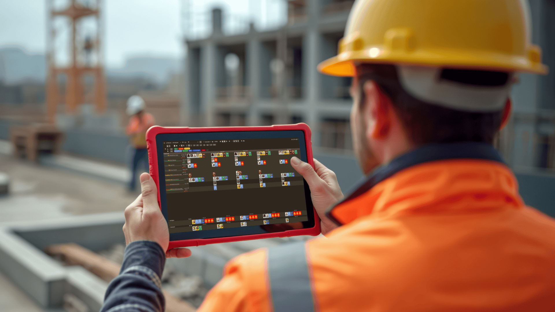 Un ouvrier du bâtiment portant un casque de protection et une veste orange utilise une tablette avec une interface numérique de planification ou de gestion de projet sur un chantier actif.
