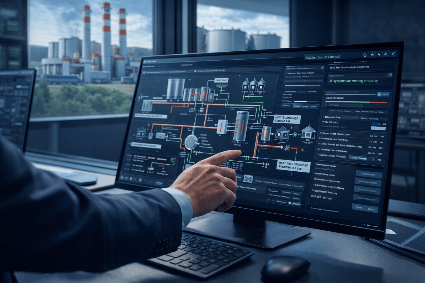 Eine Person in Geschäftskleidung zeigt auf ein industrielles Steuersystem, das auf einem großen Computermonitor angezeigt wird, wobei die Schornsteine der Fabrik durch das Fenster im Hintergrund zu sehen sind. Auf dem Bildschirm werden komplexe technische Daten und Diagramme angezeigt.