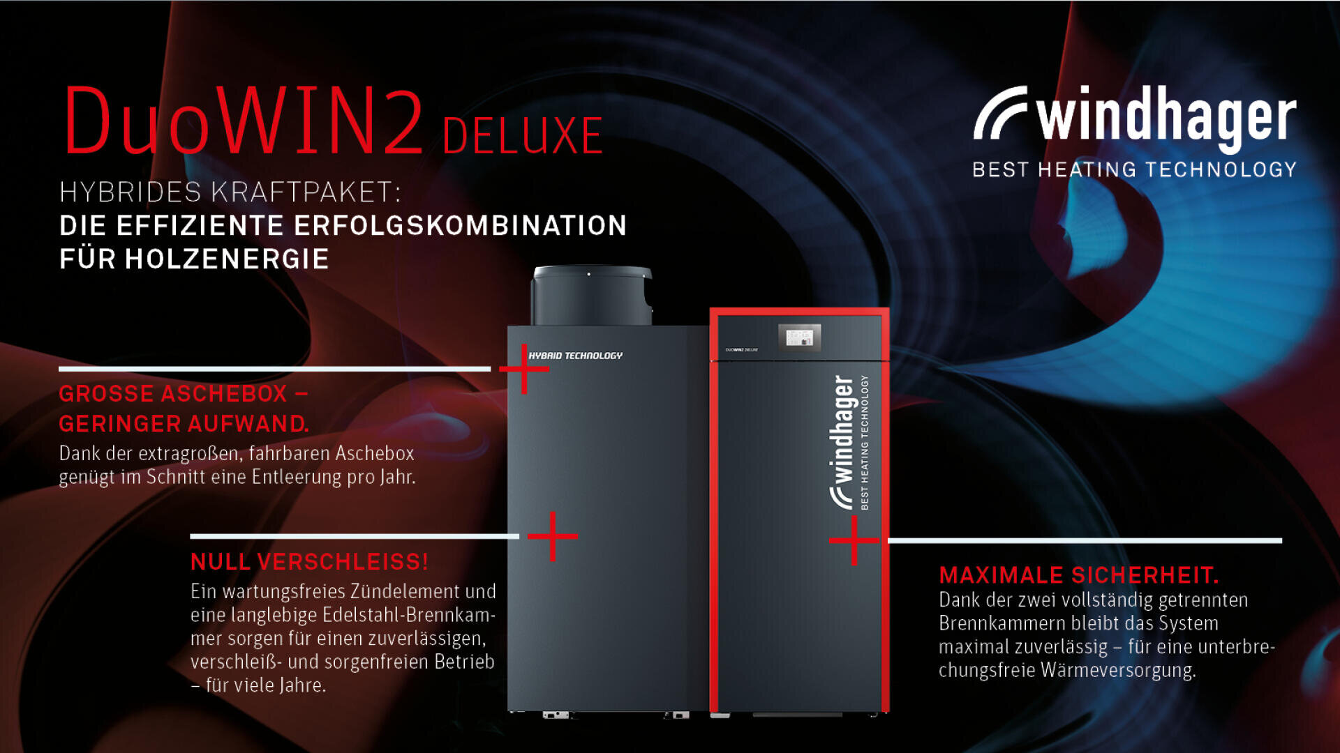 Werbebild für das Hybrid-Heizsystem DuoWIN2 Deluxe von Windhager, das zwei schwarze Heizelemente auf dunklem Hintergrund mit roten und blauen Lichtstrahlen und deutschem Text zur Hervorhebung der Produktmerkmale zeigt.