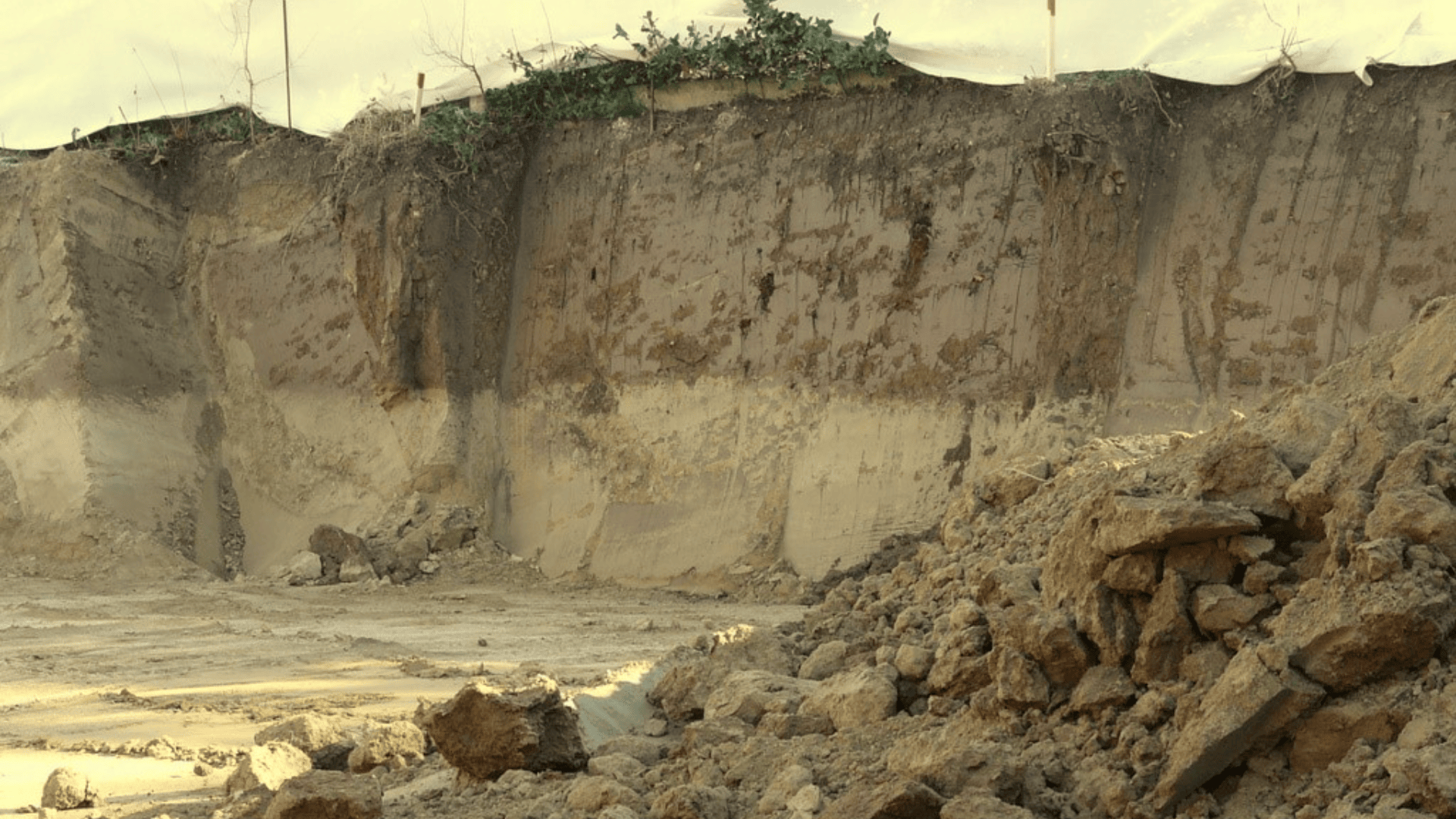 Eine steile, exponierte Felswand weist deutliche Bodenschichten auf, an deren Fuß sich lose Steine und Erde türmen. Entlang des oberen Randes wächst eine spärliche Vegetation unter einer durchscheinenden Decke.