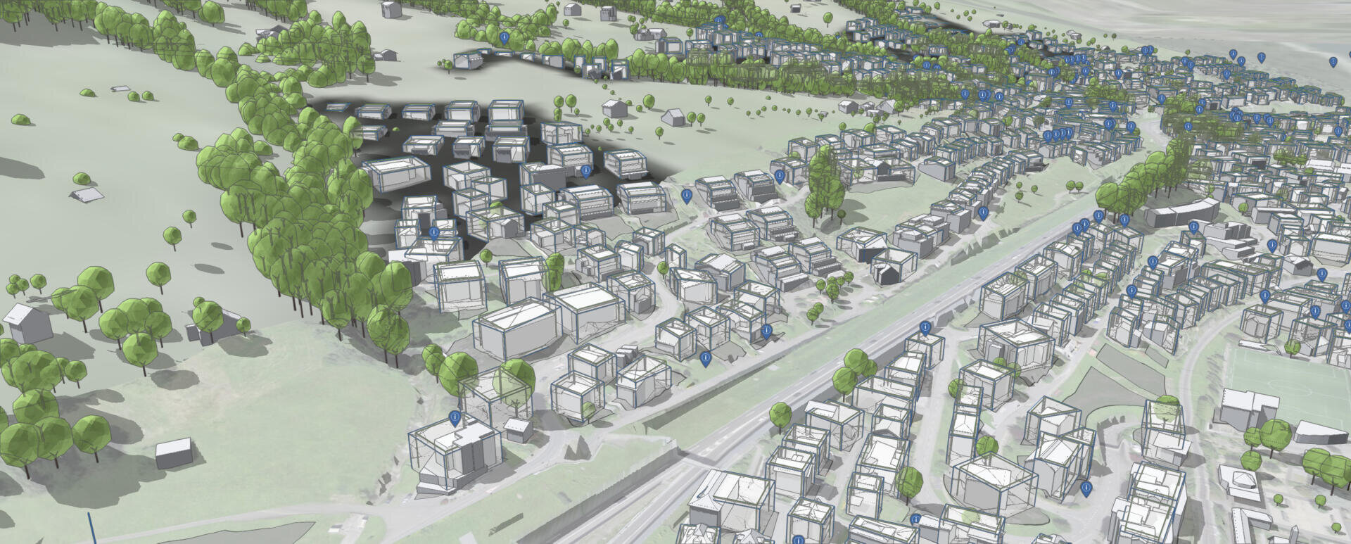 Eine 3D-gerenderte Karte zeigt ein hügeliges Vorstadtgebiet mit weiß umrandeten Gebäuden, grünen Bäumen, einer diagonal verlaufenden Hauptstraße und blauen Stecknadeln, die Orte in der Landschaft markieren.