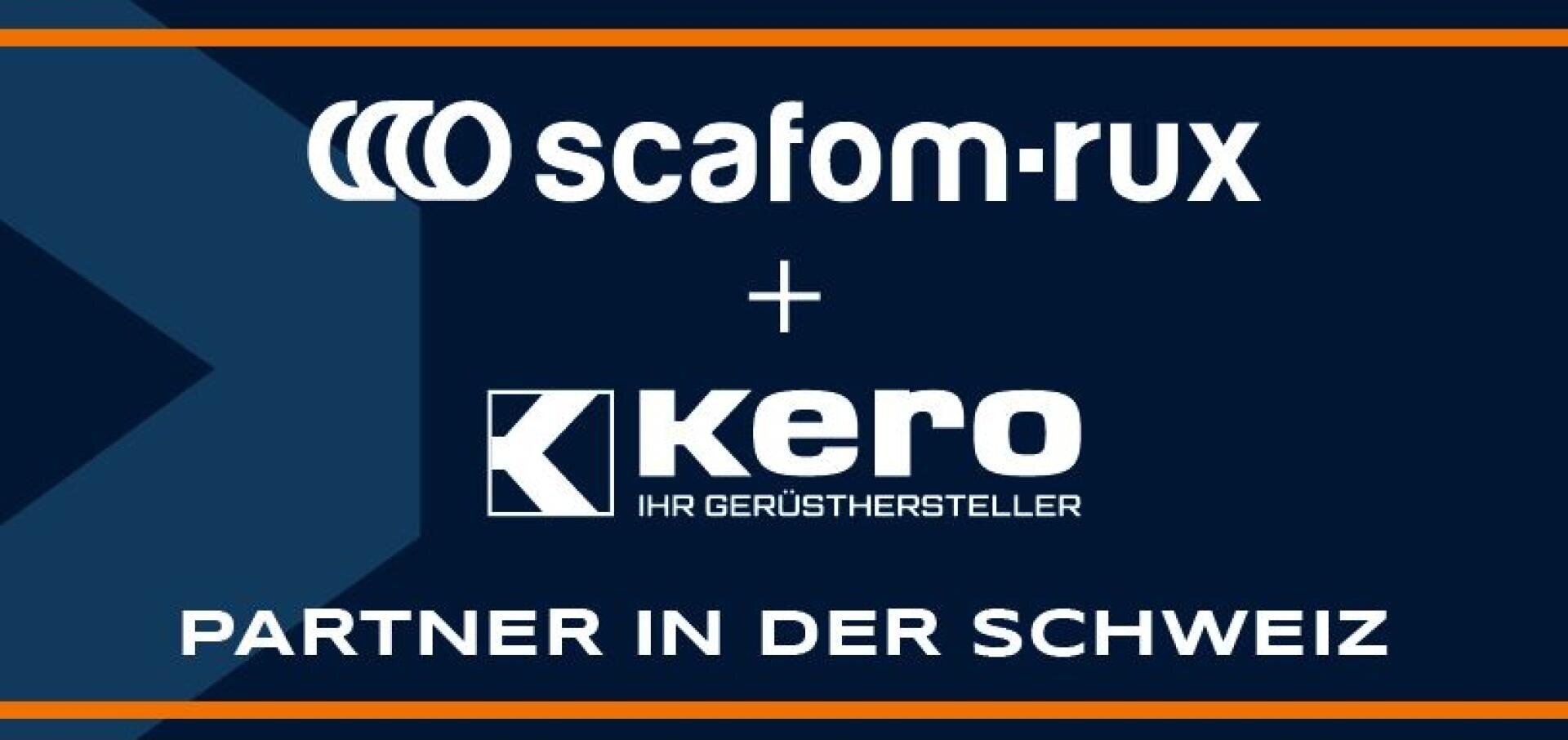 Logo graphique avec le texte : scafom-rux + kero IHR GERÜSTHERSTELLER PARTNER IN DER SCHWEIZ sur un fond bleu foncé avec des bordures orange et blanches.