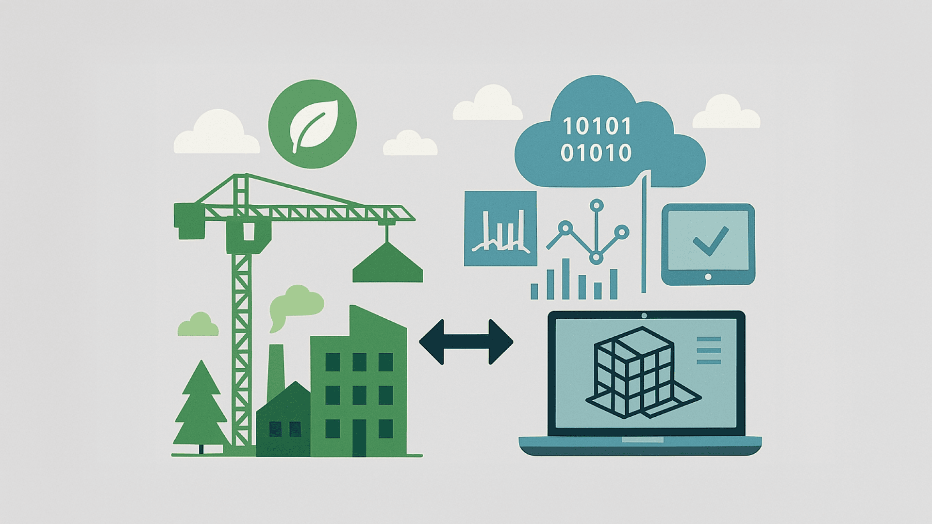 Illustration des umweltfreundlichen Bauens mit einem Kran und Gebäuden auf der linken Seite, einem Laptop mit einem 3D-Modell auf der rechten Seite und digitalen Datensymbolen, die beide miteinander verbinden, als Symbol für intelligente, nachhaltige Architektur.