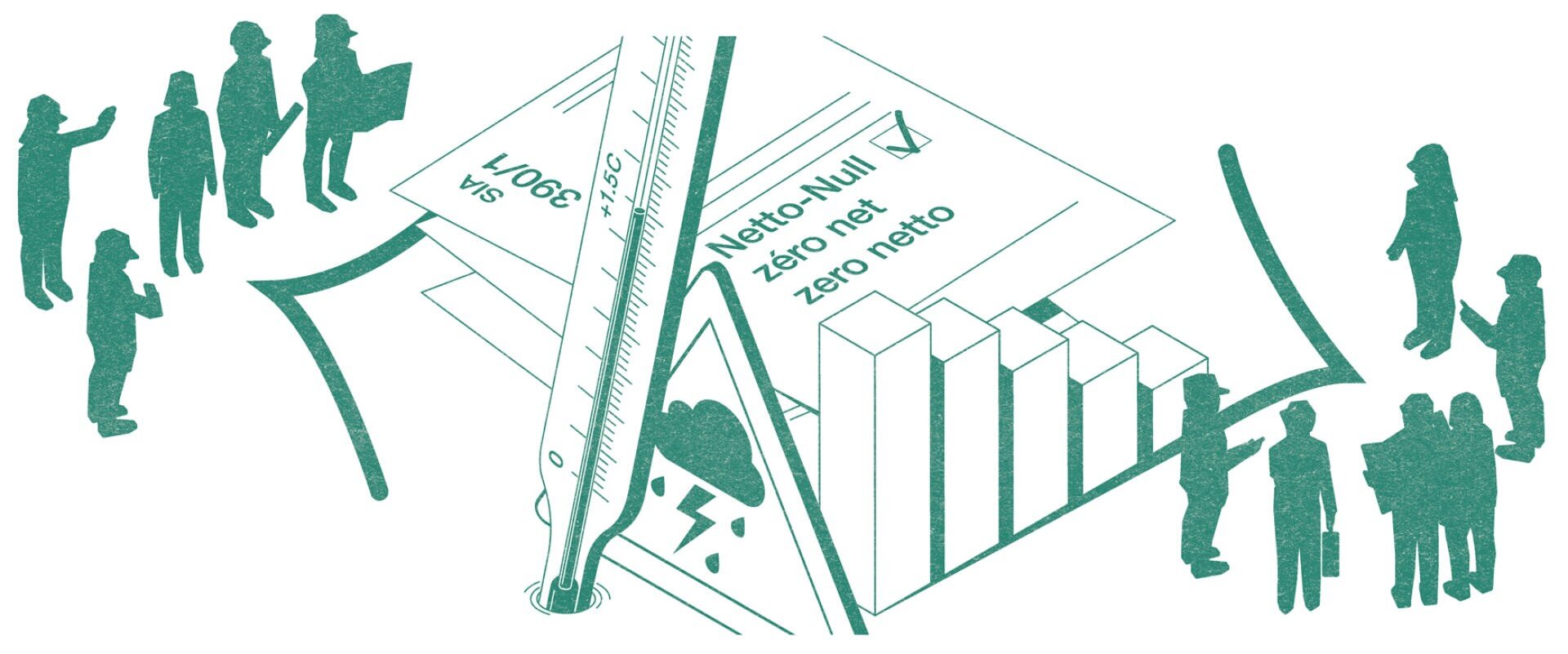 Illustration von Personen, die in der Nähe von Dokumenten mit der Aufschrift Netto-Null-Netto-Null, einem Thermometer, einem Balkendiagramm und aufwärts gerichteten Pfeilen stehen, was auf Klimaziele oder Kohlenstoffneutralität hindeutet.