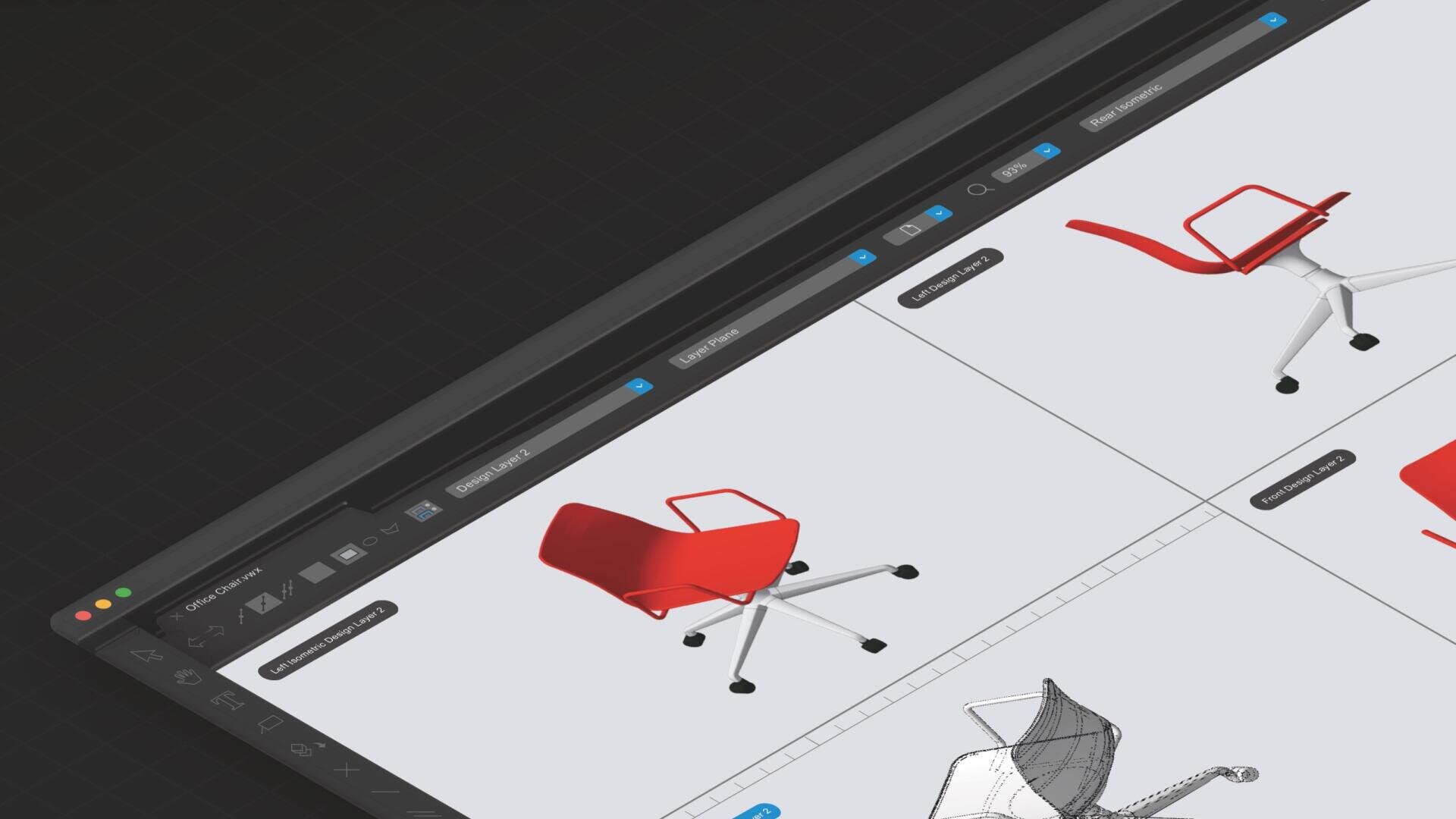 Auf einem Computerbildschirm wird eine 3D-Designsoftwareoberfläche angezeigt, die vier verschiedene Ansichten eines modernen roten Bürostuhls zeigt, darunter schattierte und Drahtgittermodelle.