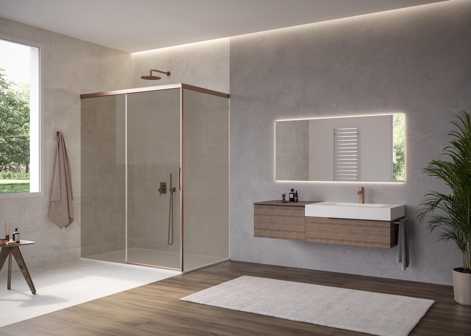 Modernes Badezimmer mit Glasduschkabine, wandmontiertem Holzwaschtisch mit Waschbecken, großem beleuchtetem Spiegel, Handtuchaufhängung, Topfpflanze, kleinem Hocker, Teppich und einem großen Fenster, durch das Tageslicht fällt.