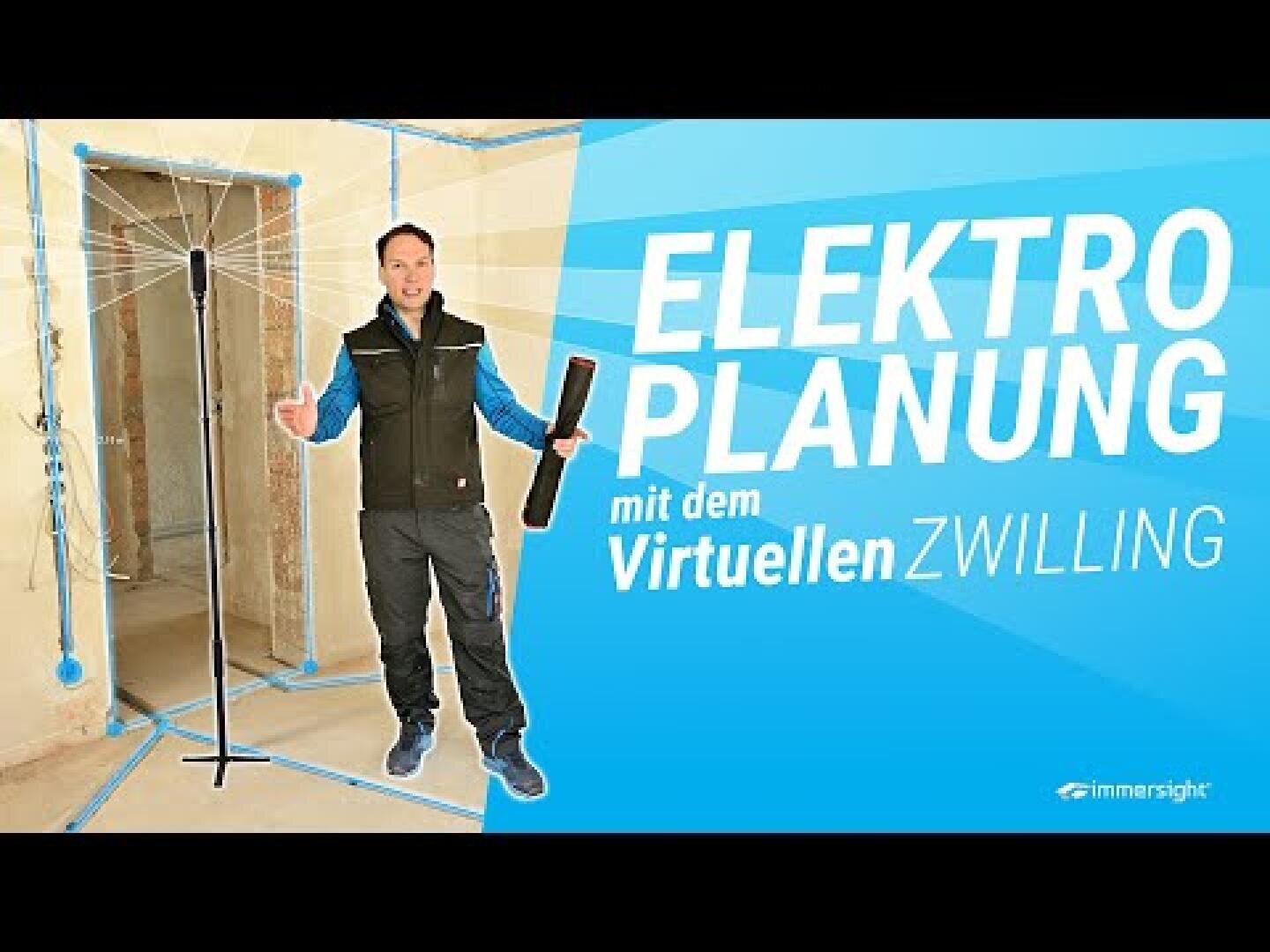 Ein Mann steht in einem Raum, in dem er technische Geräte in der Hand hält. An den Wänden sind digitale blaue Linien zu sehen, die Routen für die Elektroplanung markieren. Der Text auf Deutsch lautet: Elektroplanung mit dem virtuellen Zwilling.