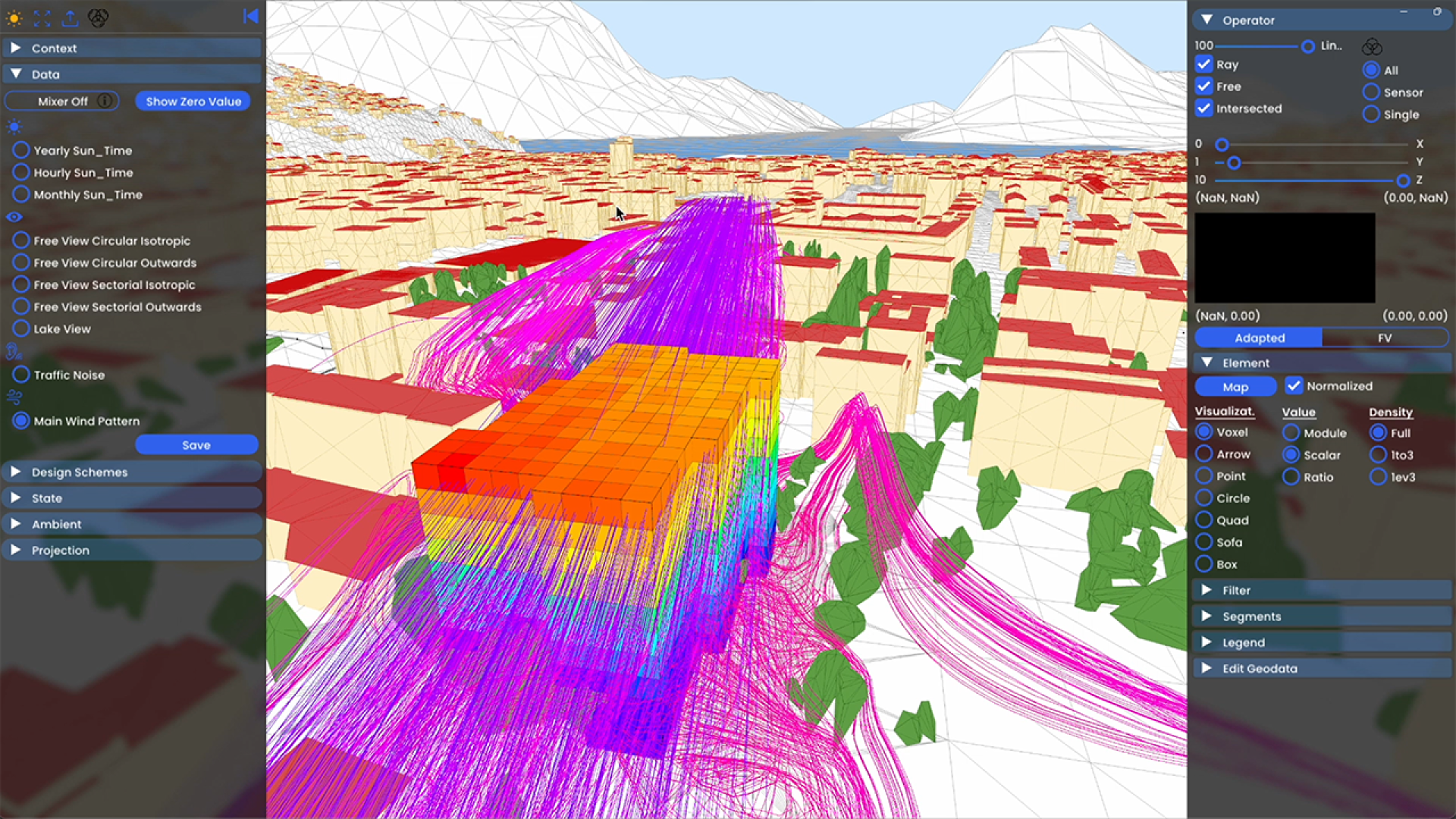 Eine 3D-Stadtplanvisualisierung mit bunten Linien und Pfaden, die Gebäude überlagern und Datenfluss oder Bewegungsmuster zeigen. Die Menüs und Optionen der Schnittstelle sind auf der linken und rechten Seite des Bildschirms sichtbar.