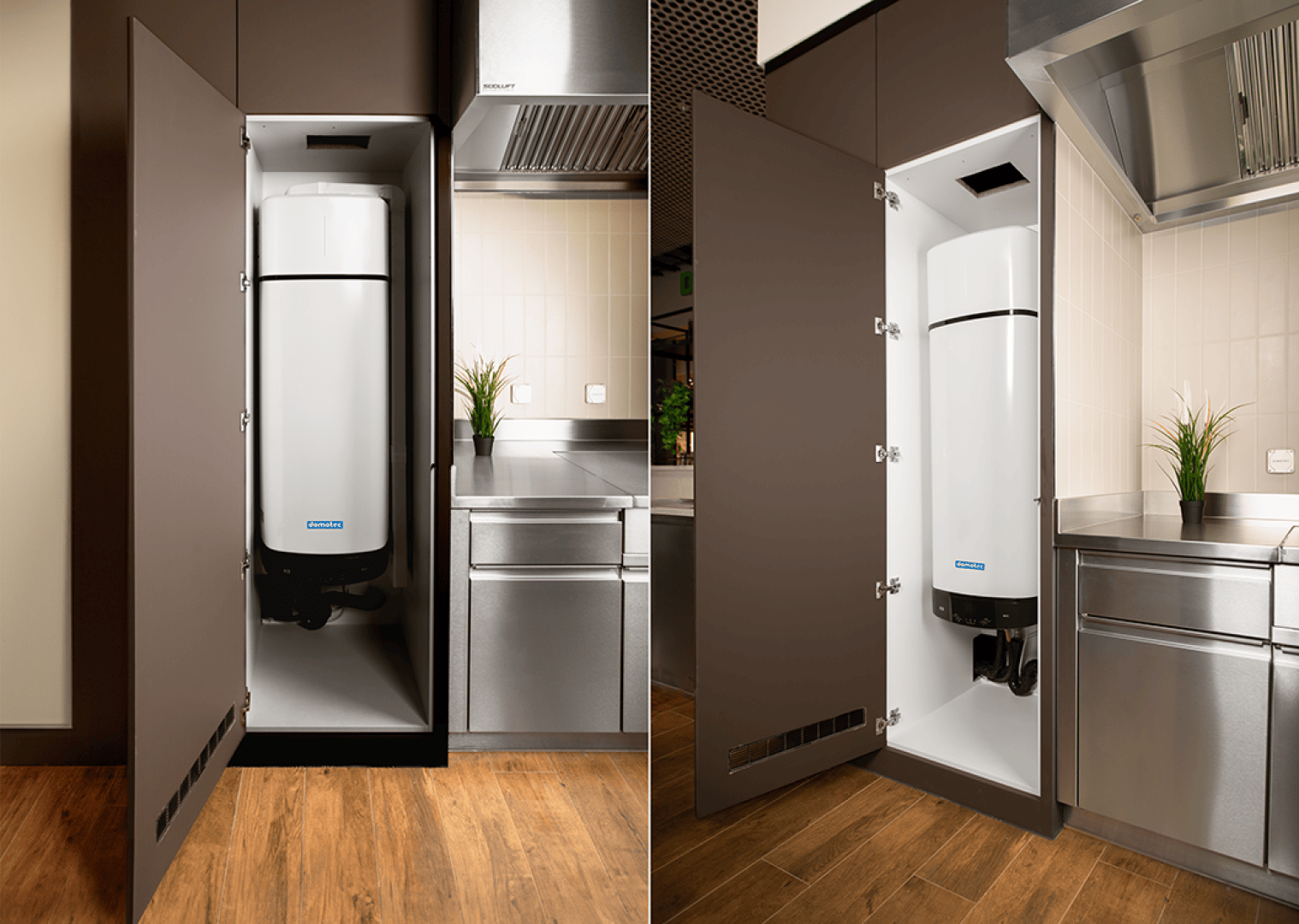 In einer modernen Küche steht ein hoher brauner Schrank, dessen Türen geöffnet sind und der einen weißen Warmwasserbereiter enthält. Im Hintergrund sind Arbeitsflächen und Geräte aus Edelstahl, ein Holzboden und eine Topfpflanze zu sehen.