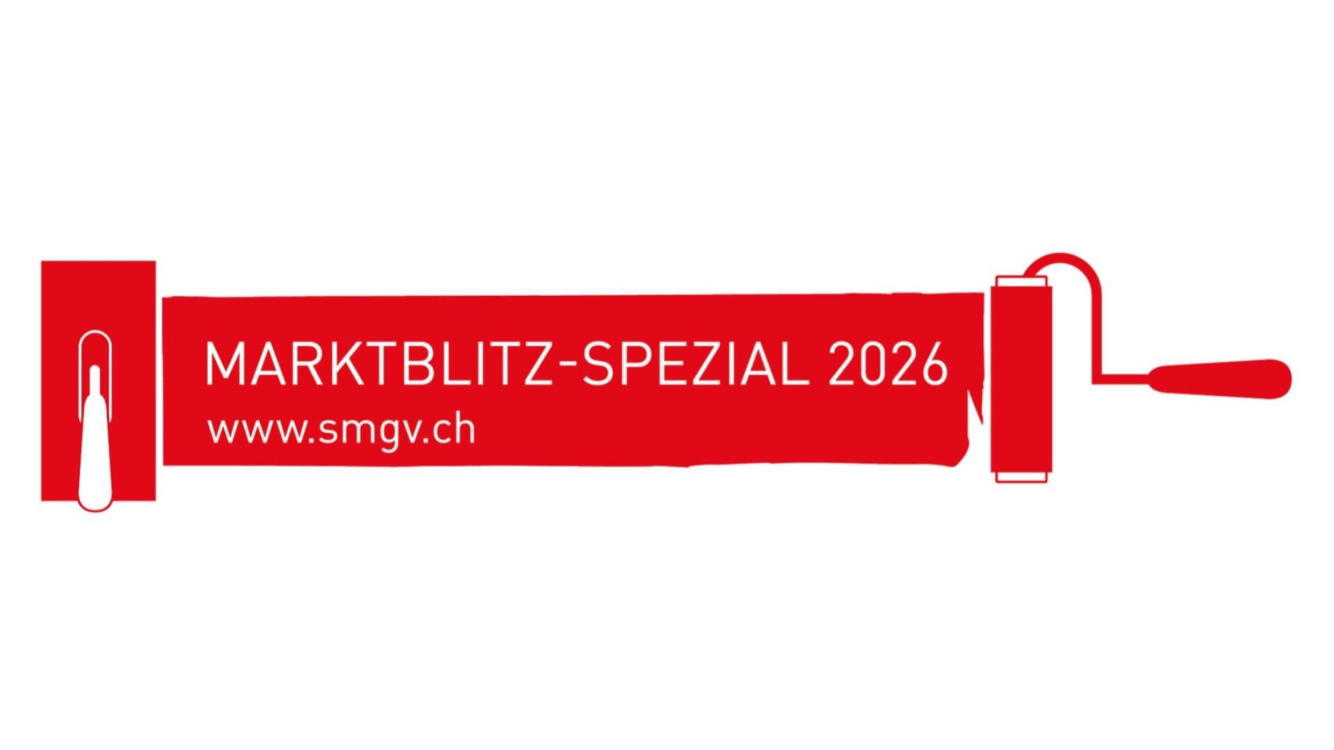Ein roter Farbroller malt einen roten Streifen, auf dem die Worte MARKTBLITZ-SPEZIAL 2026 www.smgv.ch stehen. Der Hintergrund ist weiß.