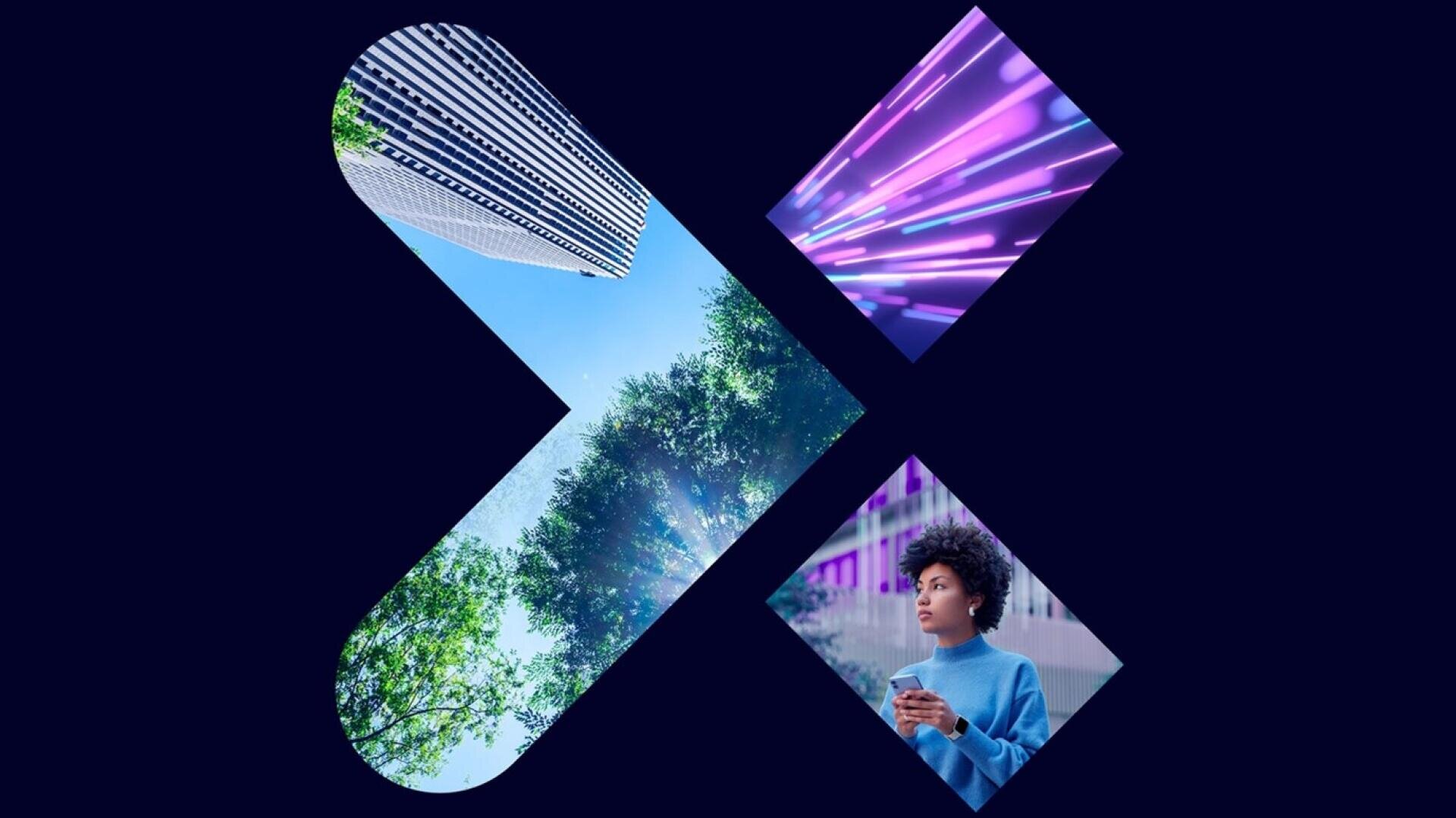 Ein dunkler Hintergrund mit einem X-förmigen Ausschnitt mit einem Wolkenkratzer und Bäumen, lila Lichtstreifen und einer Person mit lockigem Haar, die ein Telefon hält und im Freien steht.