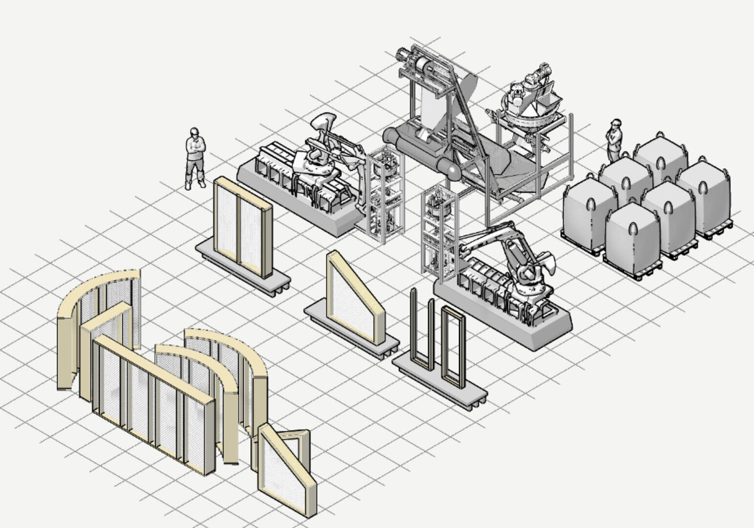 Isometrische Darstellung einer automatisierten Fabrik mit Roboterarmen, die Wandpaneele, große Bauelemente und Lagerbehälter montieren, und menschlichen Figuren, die den Prozess auf einem gekachelten Boden überwachen.