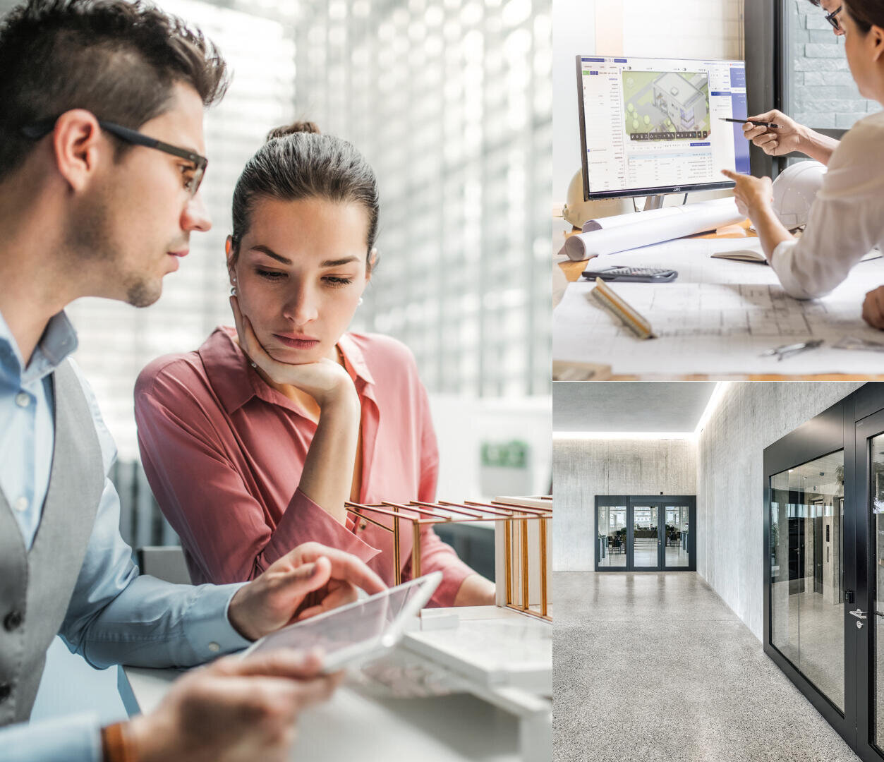 Zusammengesetztes Bild: Links prüfen zwei Architekten eine Tafel an einem Gebäudemodell; rechts oben zeigen die Hände auf Blaupausen und einen Monitor; rechts unten eine moderne Bürohalle mit Glastüren und Betonboden.