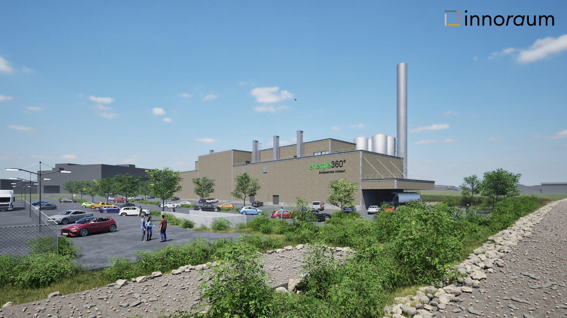 Ein modernes Industriegebäude mit Energo 360°-Beschilderung, umgeben von geparkten Autos und Grünanlagen. Mehrere Personen stehen in der Nähe des Eingangs. Der Himmel ist klar, und das innoraum-Logo erscheint in der oberen rechten Ecke.