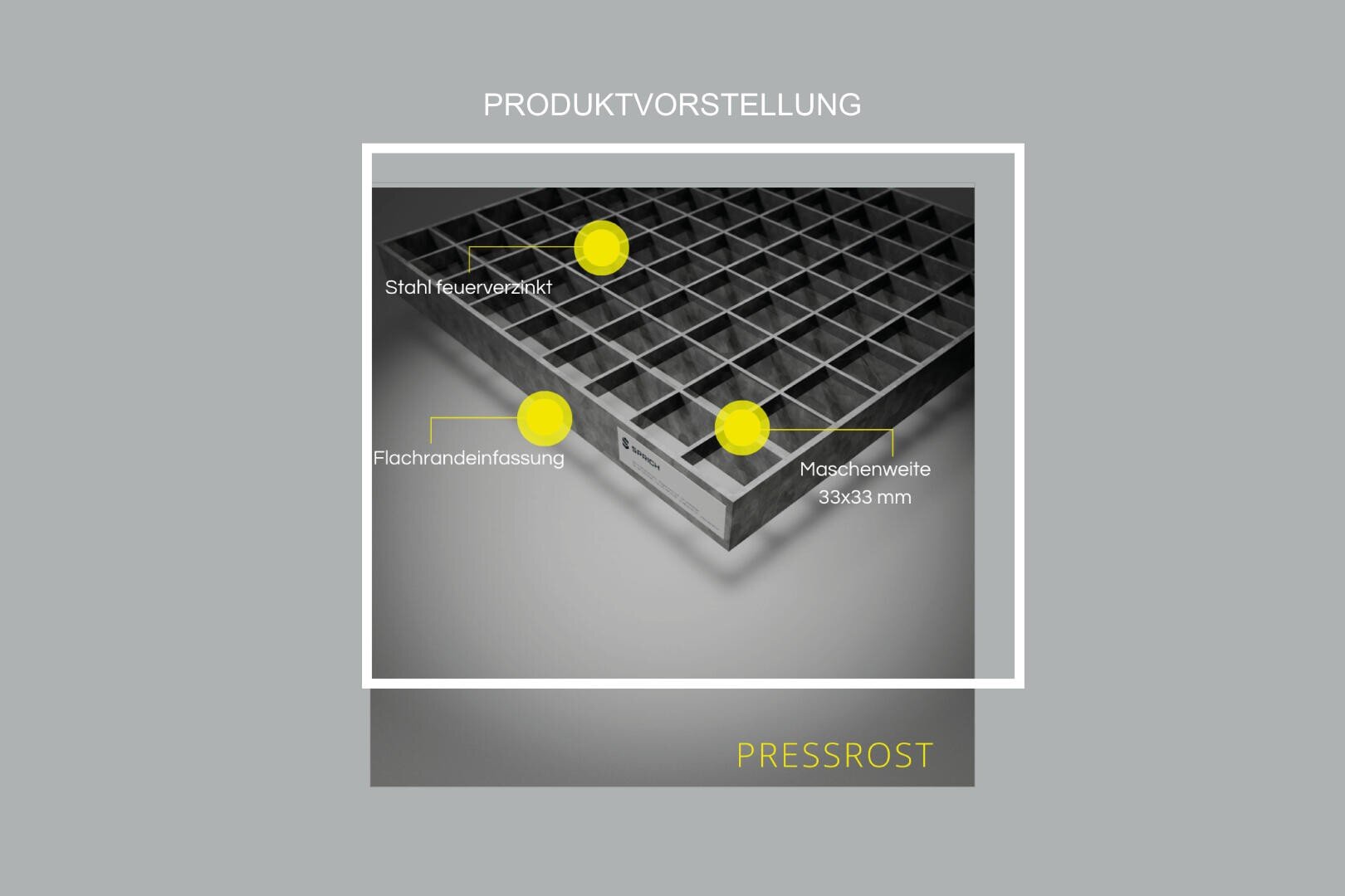 Ein Metallgitterprodukt mit Etiketten, die die Merkmale hervorheben: Stahl feuerverzinkt, Flachrandeinfassung, und Maschenweite 33x33 mm. Oben steht "Produktvorstellung" und unten "Pressrost".