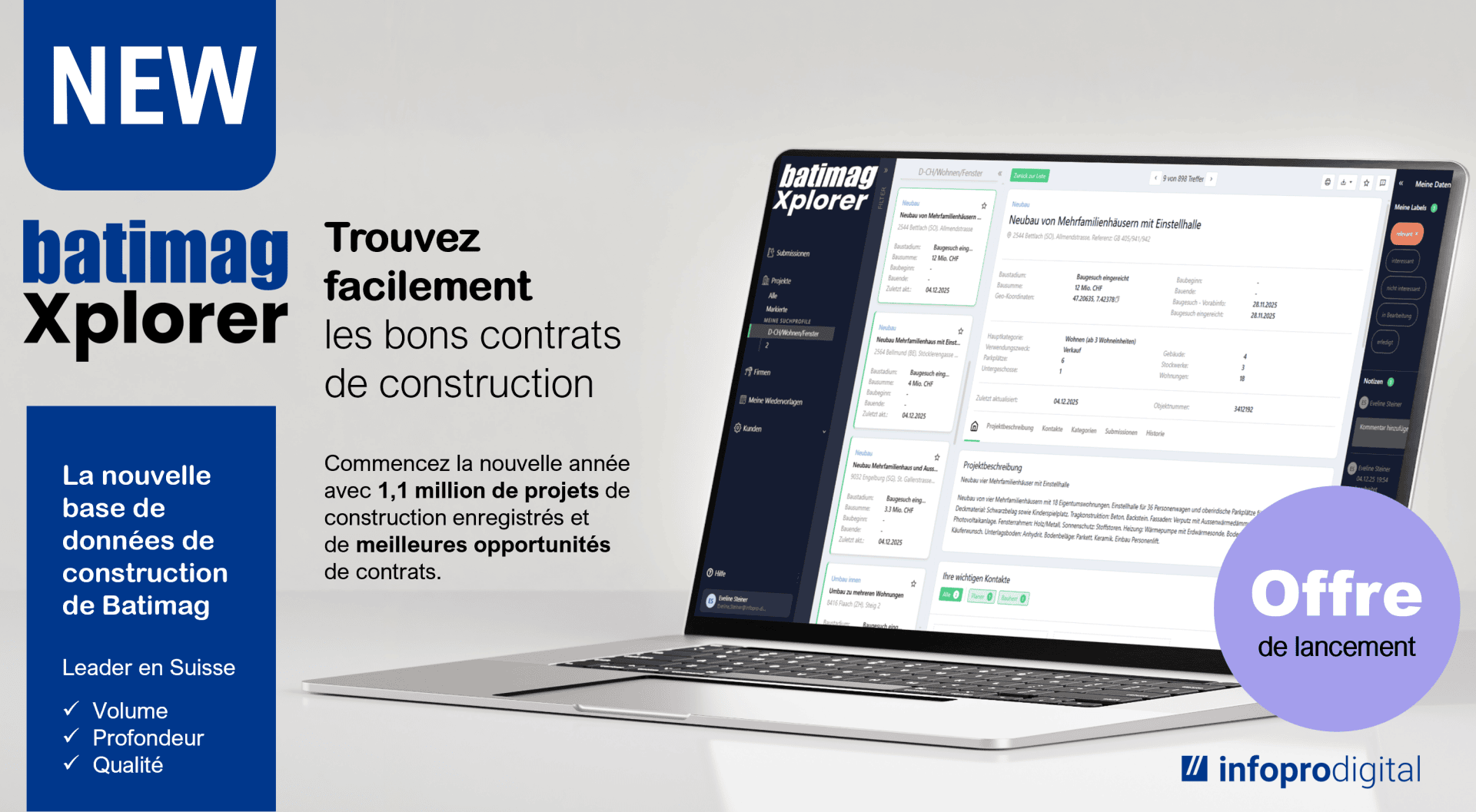 Image promotionnelle de batimag Xplorer, une base de données sur les contrats de construction. Un ordinateur portable affiche l'interface du logiciel. Des bannières bleues et violettes mettent en avant les fonctionnalités, la position de leader sur le marché suisse et une offre spéciale de lancement.