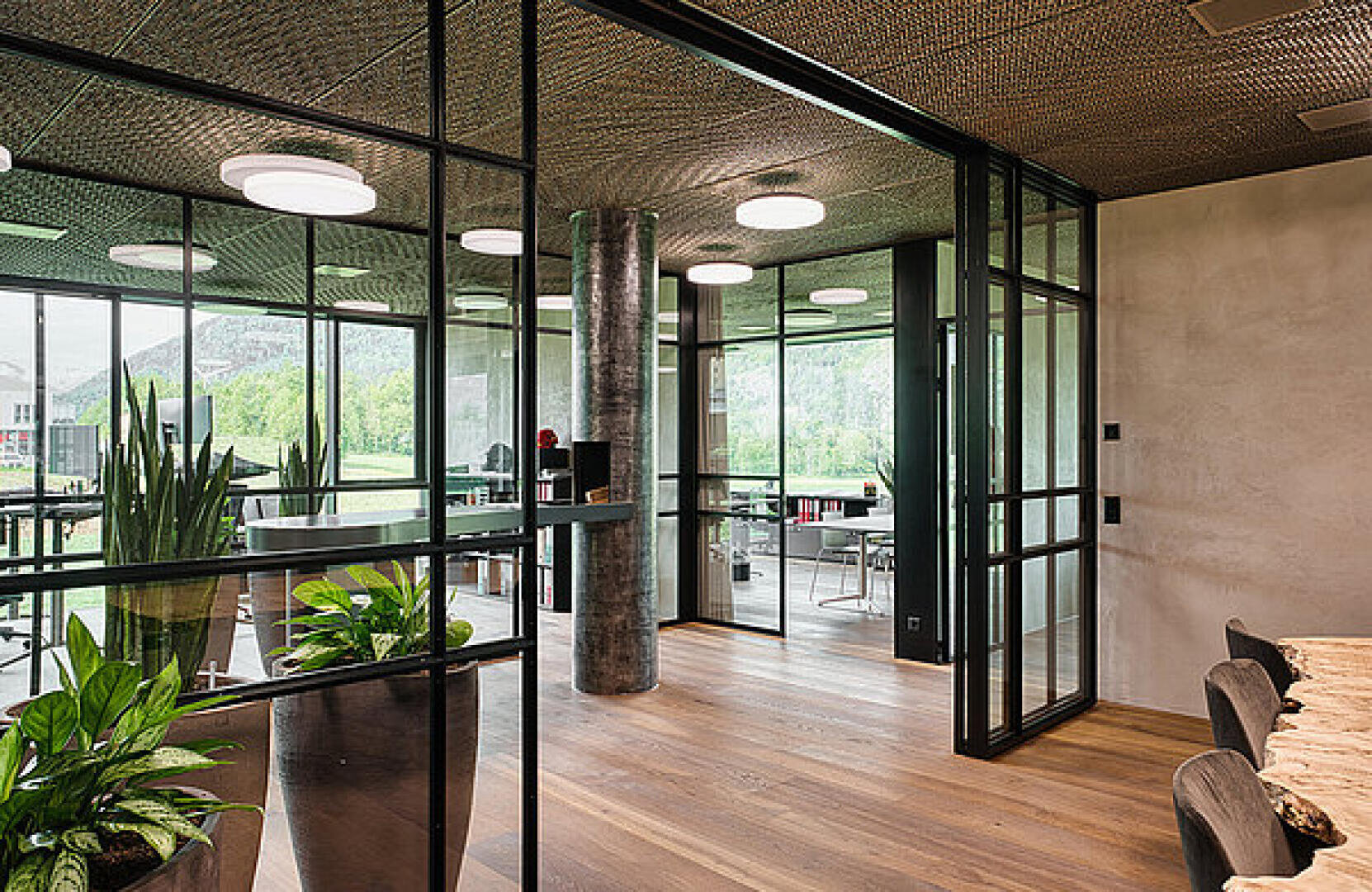 Moderne Büroräume mit großen Glaswänden, Holzböden, Zimmerpflanzen und natürlichem Licht, das durch die Fenster mit Blick auf die grüne Umgebung einfällt. Zeitgenössische Möbel und Dekoration schaffen eine offene, luftige Atmosphäre.