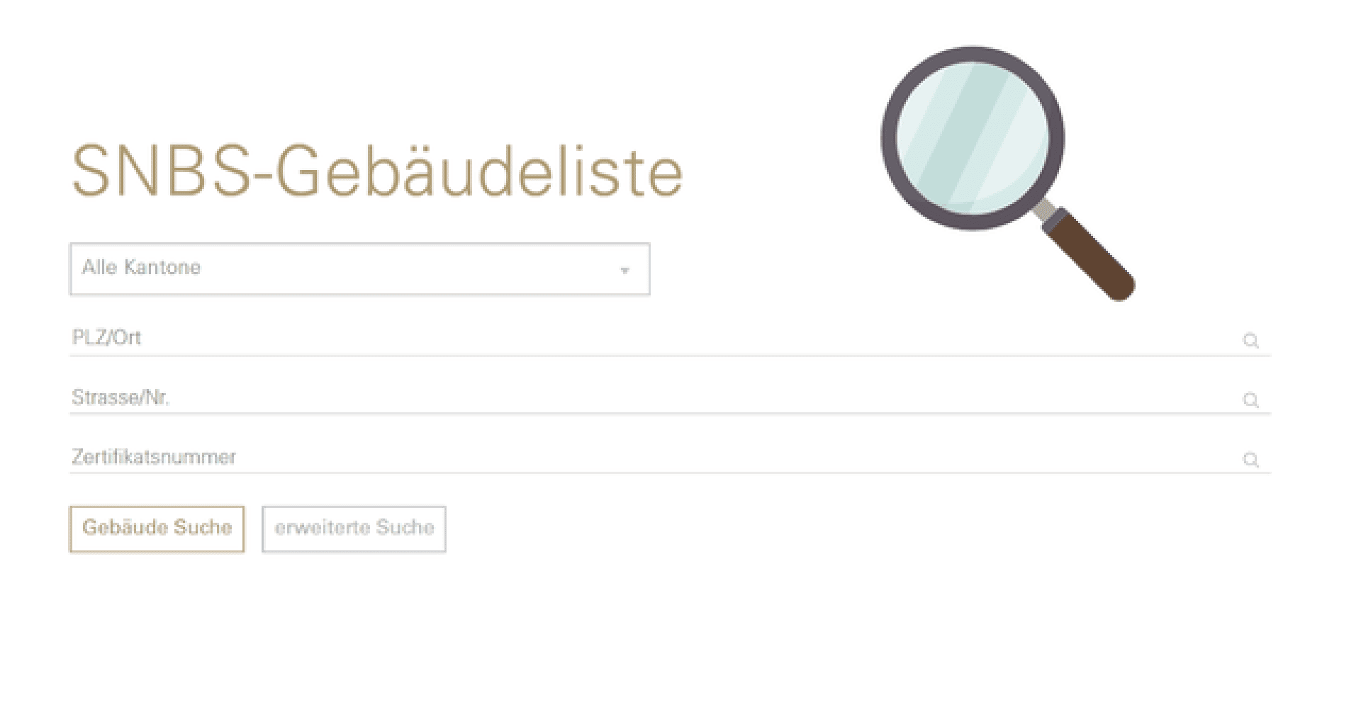 Screenshot einer Suchoberfläche mit dem Titel SNBS-Gebäudeliste mit Dropdown- und Textfeldern für Ort, Straße und Zertifikatsnummer sowie Suchschaltflächen. Auf der rechten Seite befindet sich eine große Lupengrafik.