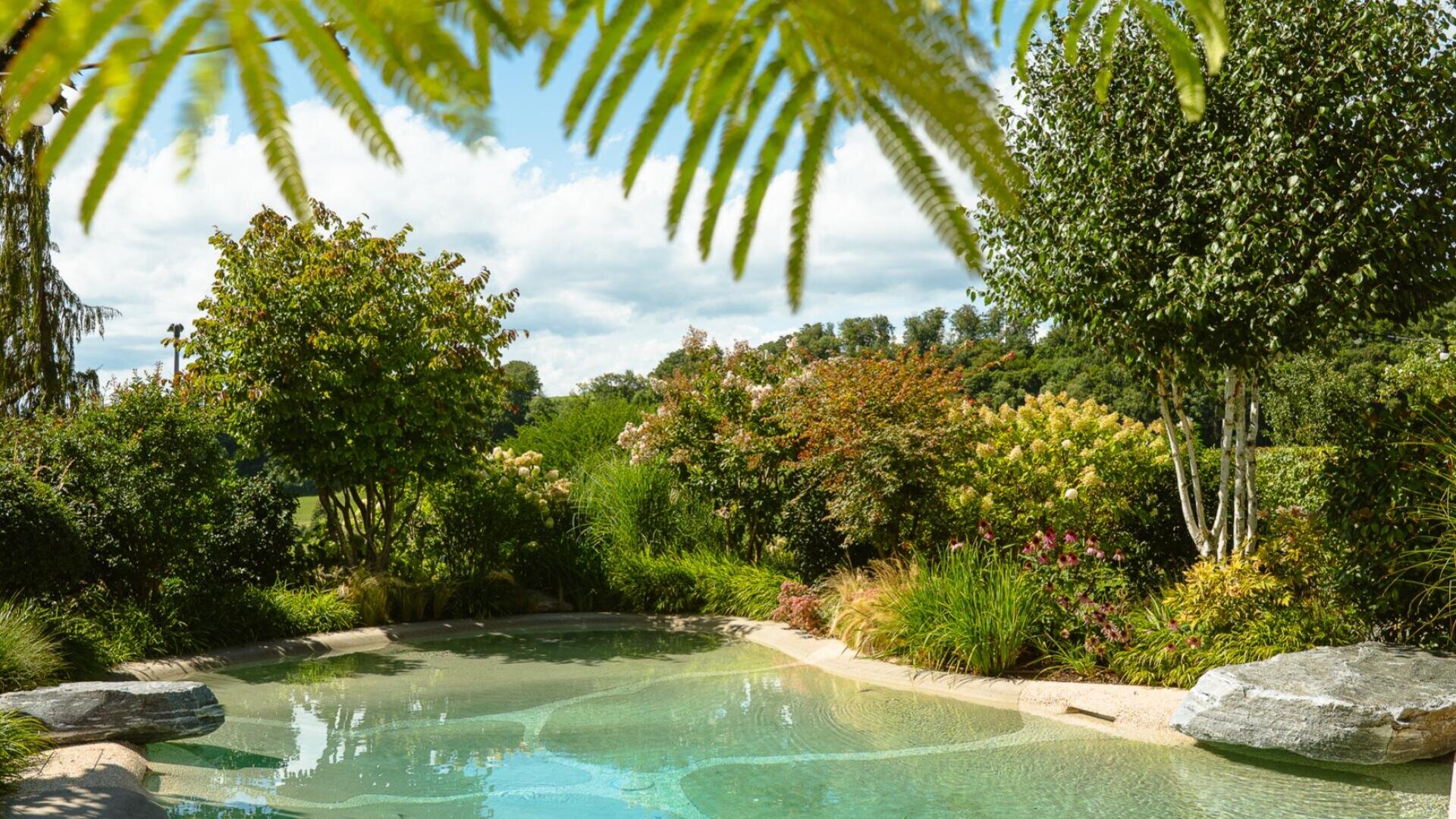 Ein natürlich wirkender Swimmingpool, umgeben von üppigem Grün, Bäumen und Sträuchern, mit klarem Wasser und Steinen am Rande des Pools. Farnblätter hängen im Vordergrund, und der Himmel ist teilweise bewölkt.
