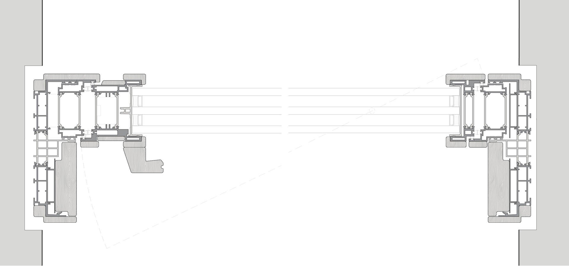 Technische Zeichnung eines Querschnitts durch ein Glasschiebetürsystem mit detaillierten Profilen der Türrahmen, Schienen und der umgebenden Wandstruktur auf beiden Seiten.