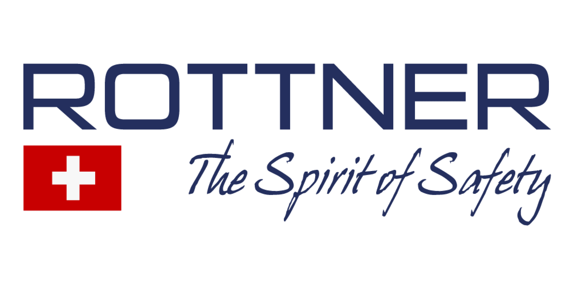 Logo mit dem Wort ROTTNER in fetten blauen Buchstaben, einem roten Quadrat mit einem weißen Kreuz und dem Satz The Spirit of Safety in blauer Schrift darunter.