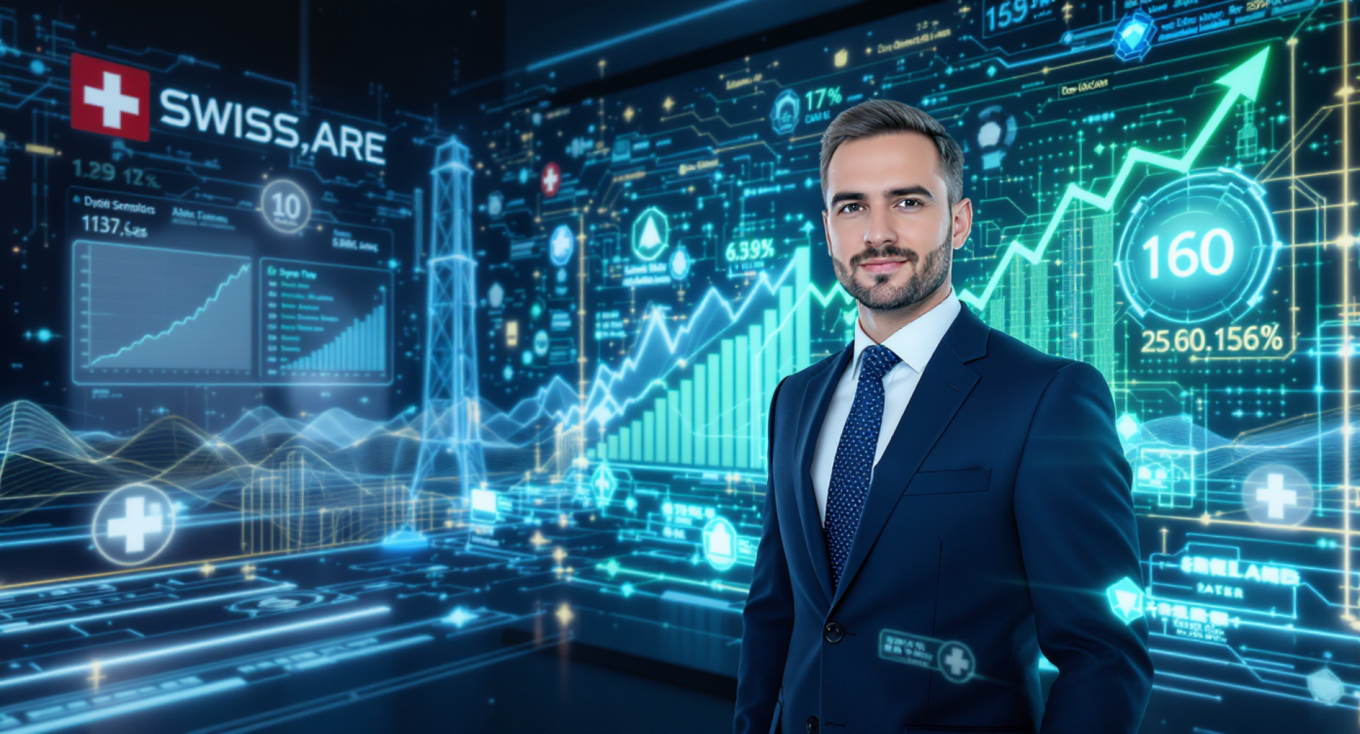 Ein Geschäftsmann im Anzug steht selbstbewusst vor digitalen Finanzcharts und -grafiken mit einem Schweizer Flaggensymbol und Datenanzeigen, die das Wachstum des Aktienmarktes und analytische Informationen anzeigen.