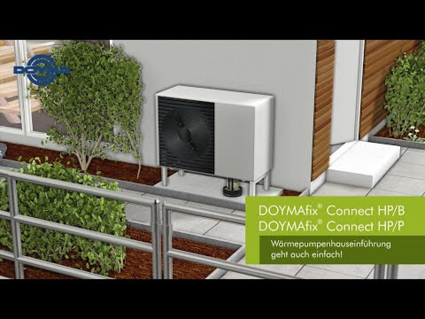 Eine Wärmepumpeneinheit ist außerhalb eines modernen Gebäudes in der Nähe einiger Pflanzen installiert, mit einem Metallgeländer davor. Der Text wirbt für DOYMAfix Connect HP/B und HP/P, auf Deutsch, für die einfache Installation von Wärmepumpen.