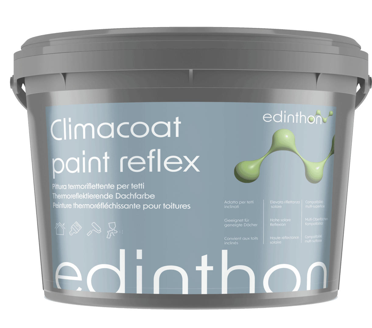 Un seau en plastique gris portant l'inscription Climacoat paint reflex d'Edinthon, avec un texte en plusieurs langues et un graphisme moléculaire vert sur fond bleu clair.
