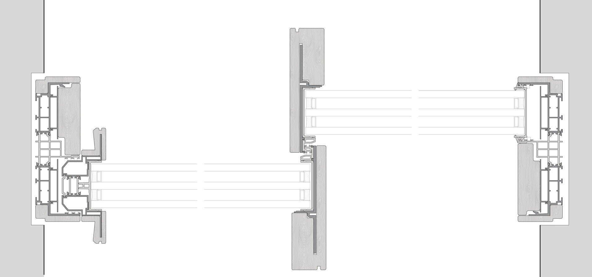 Technische Zeichnung eines Querschnitts, der zwei Fenster- oder Türrahmensysteme mit detaillierten inneren Komponenten, Dichtungen und Profilen zeigt, die wahrscheinlich veranschaulichen, wie die Rahmen in einer Wand verbunden werden.