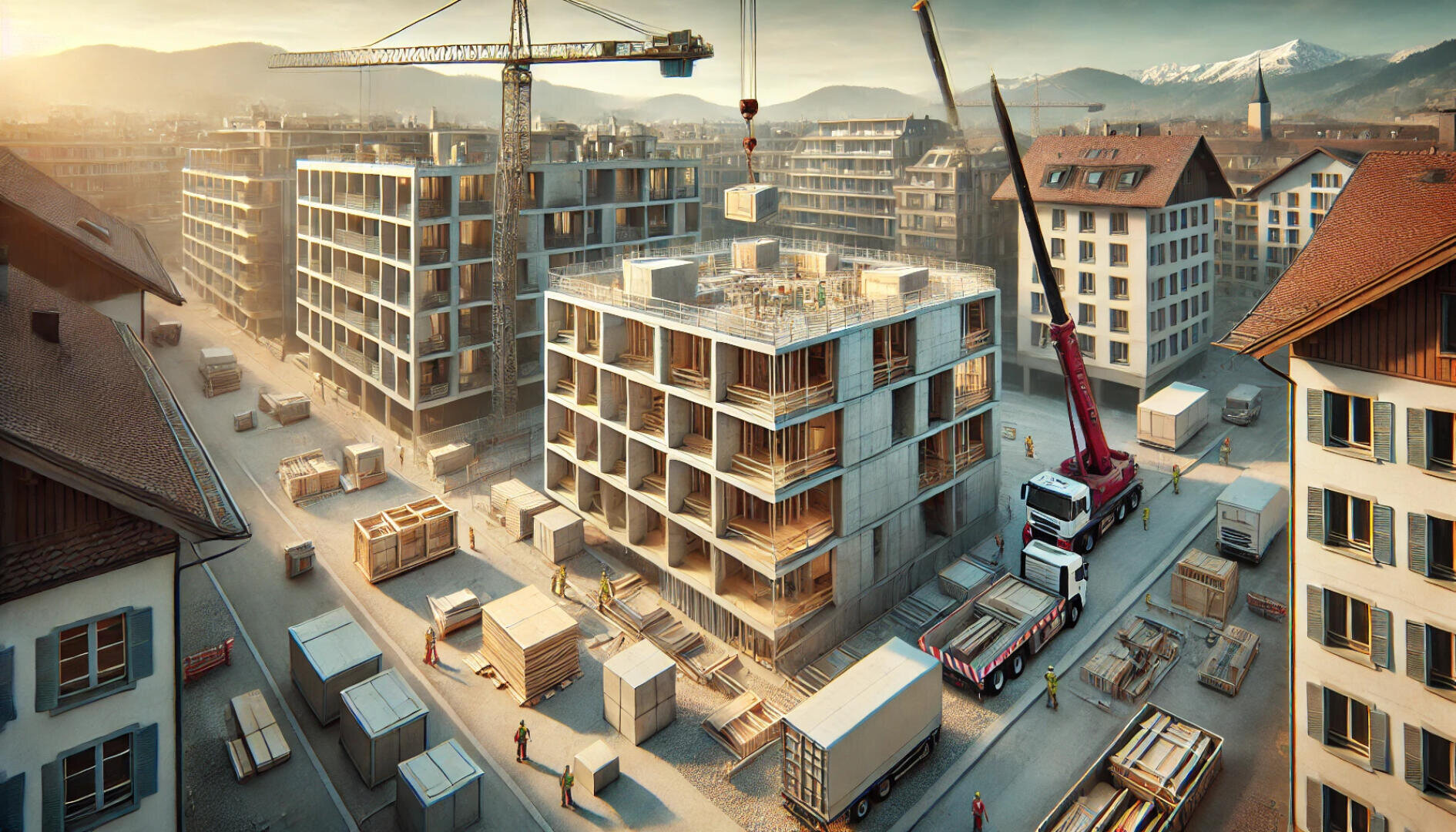 Eine städtische Baustelle mit mehreren teilweise errichteten Wohnhäusern, zwei Kränen, die Material heben, Arbeitern in Schutzkleidung und Stapeln von Material. Im Hintergrund sind Berge und andere Gebäude zu sehen.