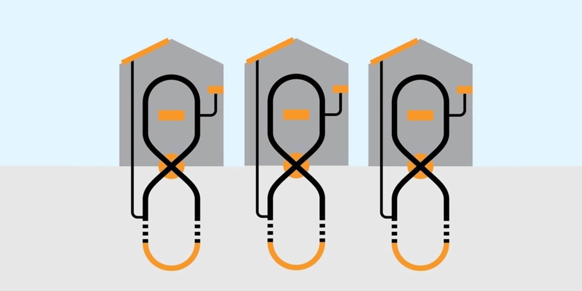 Eine einfache Illustration zeigt drei graue Häuser mit orangefarbenen Dächern, die jeweils mit schwarzen und orangefarbenen Kabeln verbunden sind, die vor ihnen Schleifen bilden. Der Hintergrund ist hellblau und grau.