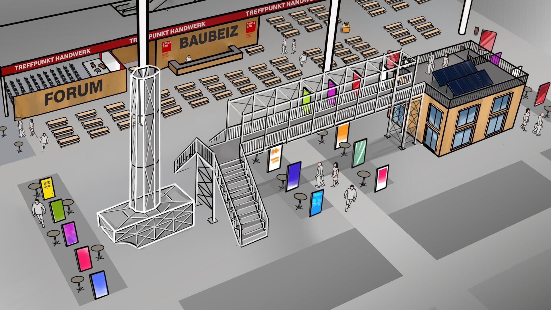 Eine digitale Illustration eines Veranstaltungsraums mit Ständen, bunten Displays, einer zweistöckigen Struktur, Tischen, Stühlen und herumlaufenden Menschen. Auf den Schildern steht FORUM, TREFFPUNKT HANDWERK und BAUBEIZ.
