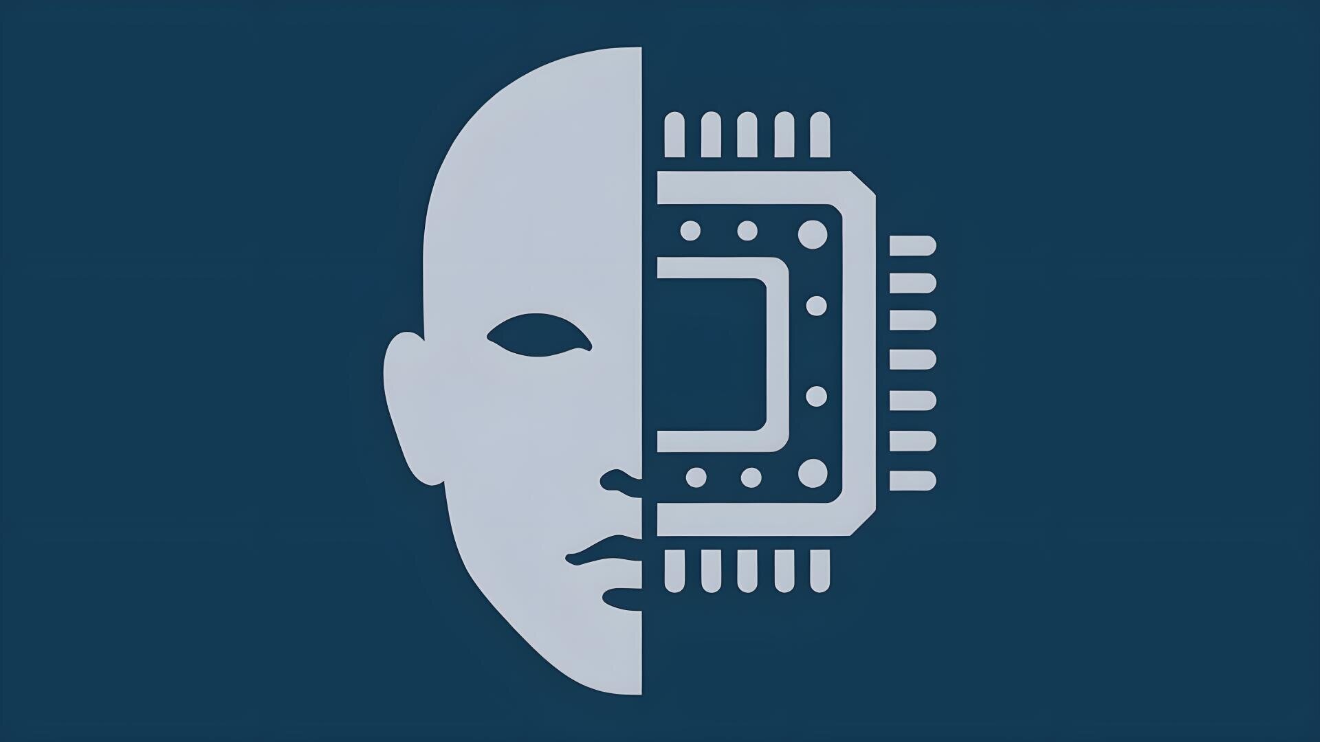Eine Grafik, die auf der linken Hälfte ein menschliches Gesicht und auf der rechten Hälfte einen Mikrochip zeigt, der die Verbindung zwischen künstlicher Intelligenz und Menschlichkeit symbolisiert, vor einem dunkelblauen Hintergrund.