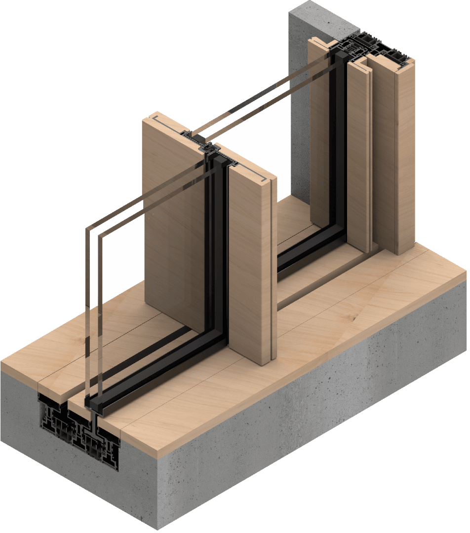 3D-Rendering eines Glasschiebetürsystems mit Holzrahmen und schwarzen Metallschienen, installiert auf einem Betonsockel, mit Darstellung der Türmontage, des Schiebemechanismus und der Wandintegration.