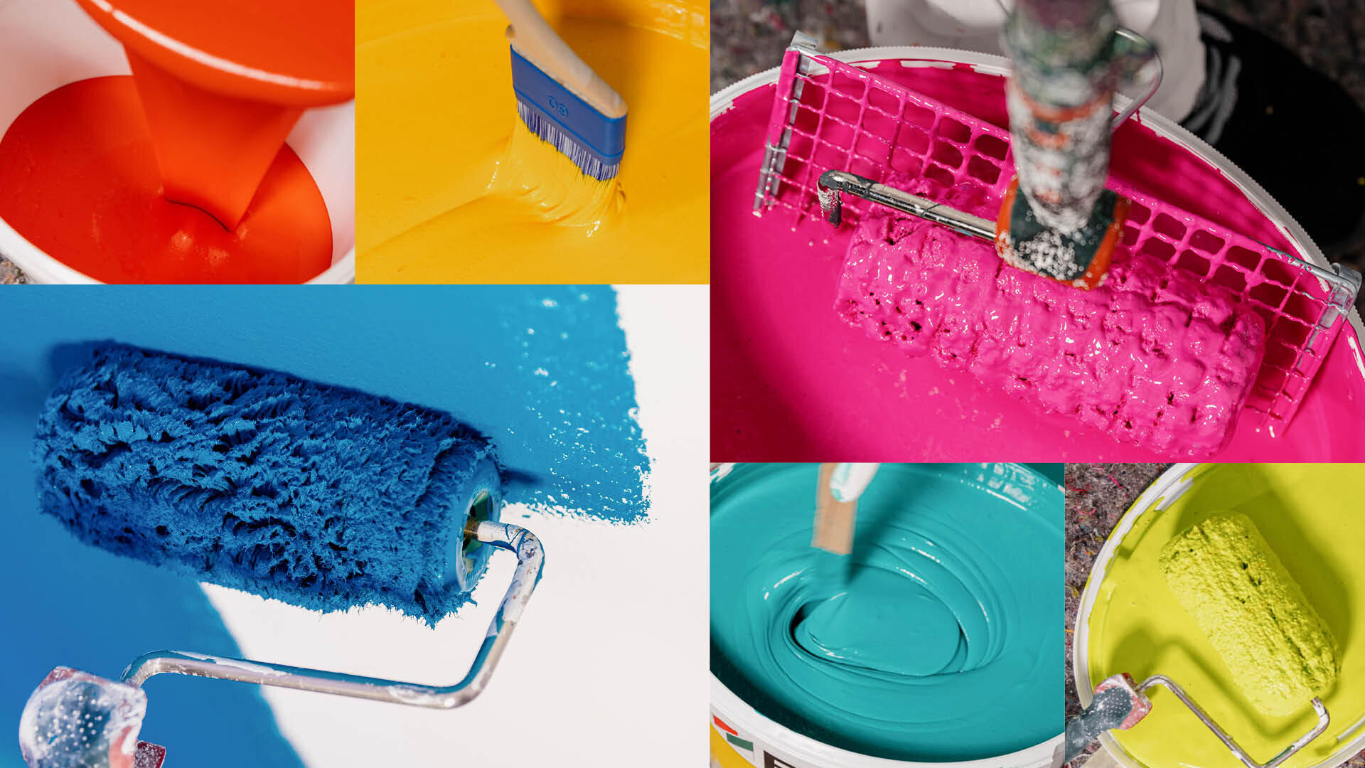 Eine Collage zeigt Nahaufnahmen von Farbrollen und Pinseln, mit denen leuchtend orange, gelbe, pinke, blaue und grüne Farben aufgetragen werden, sowie offene Farbdosen, die mit leuchtenden Farben gefüllt sind.