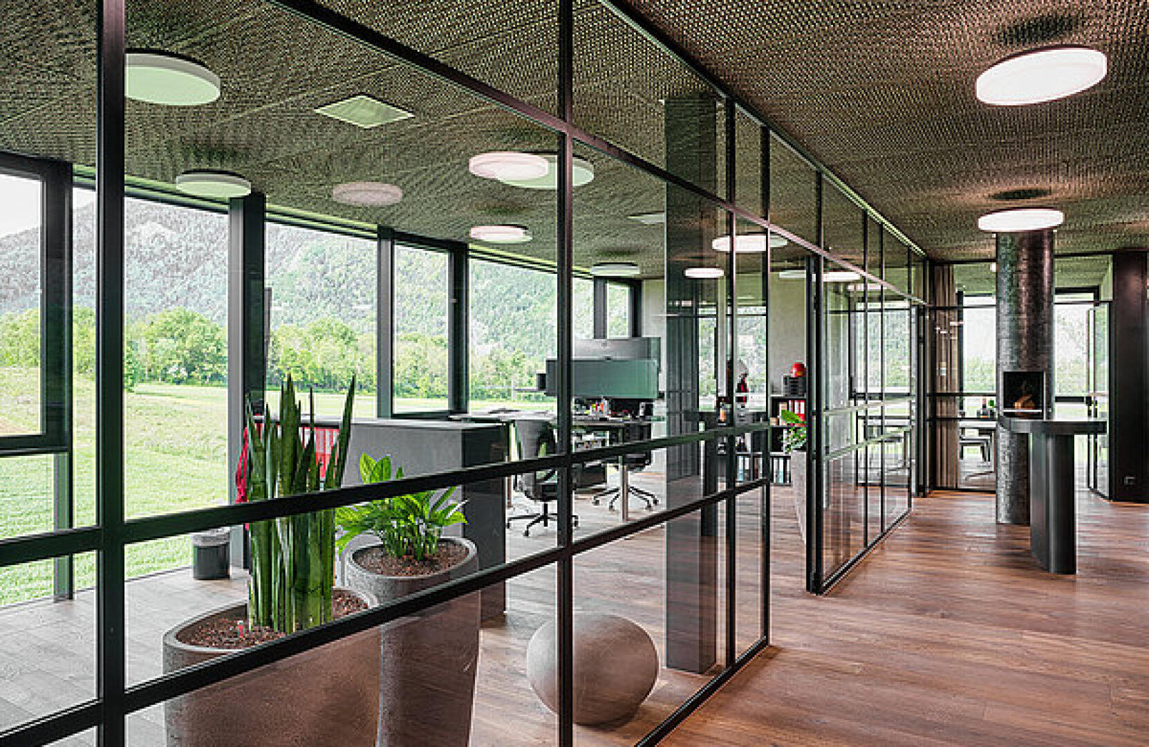 Moderne Büroräume mit großen Glaswänden, Zimmerpflanzen, Holzböden und natürlichem Licht. Der Blick nach draußen zeigt Grünflächen und Berge. Das Design ist offen und luftig, mit modernen Möbeln und einer klaren, minimalen Ästhetik.