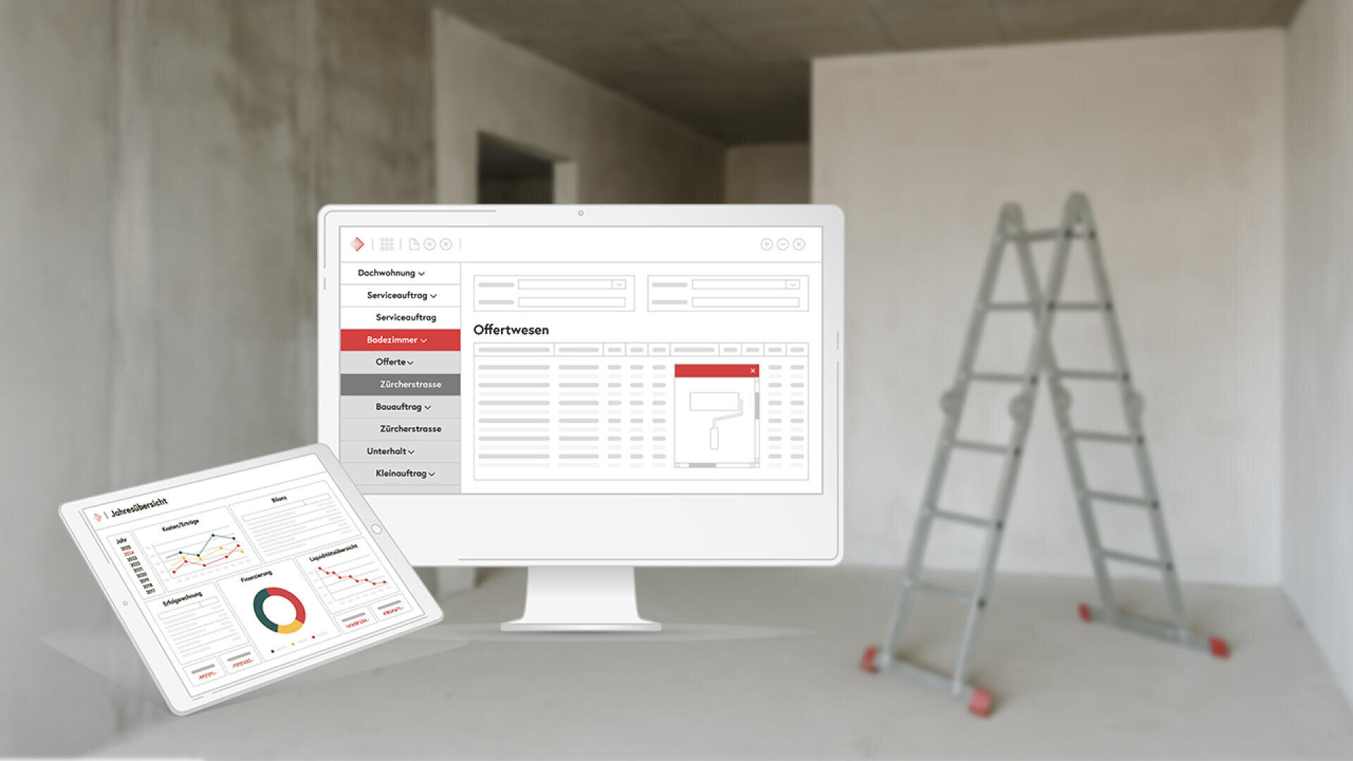 Ein Computermonitor und ein Tablet zeigen AbaBau, die ERP-Lösung von Abacus, die vor einem unfertigen Raum mit weissen Wänden und einer Metallleiter im Hintergrund zu sehen ist.